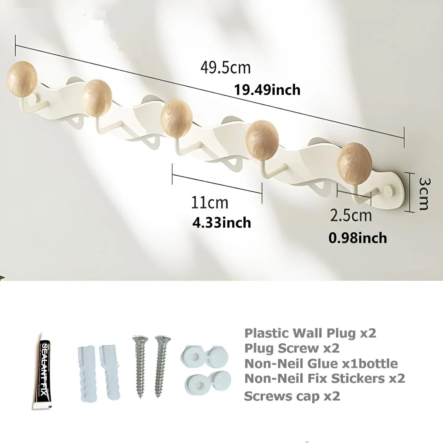 Coat Rack Wall Mount,White Wall Hooks Adhesive & Screw in,Anti-Tear Wooden Ball Hook Rail, Heavy Duty Metal Coat Hanger Wall Mount for Entryway, Bathroom, Bedroom, Kitchen2PACK (5-tri Hooks)
