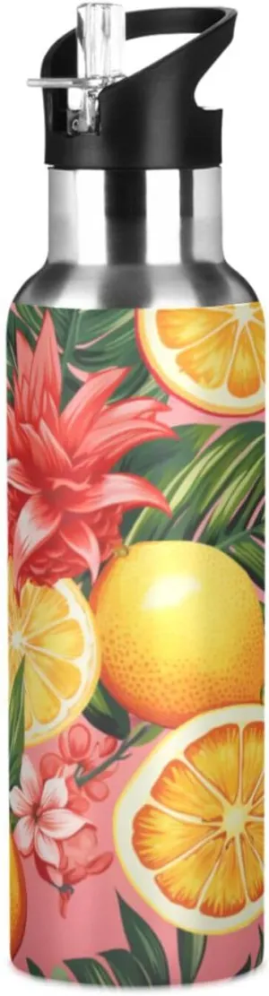 Colorful Tropical Fruit Sport Water Bottle Insulated Stainless Steel Large Vacuum Flask Leak Proof Thermos with Straw for Travel(600ml/1000ml)