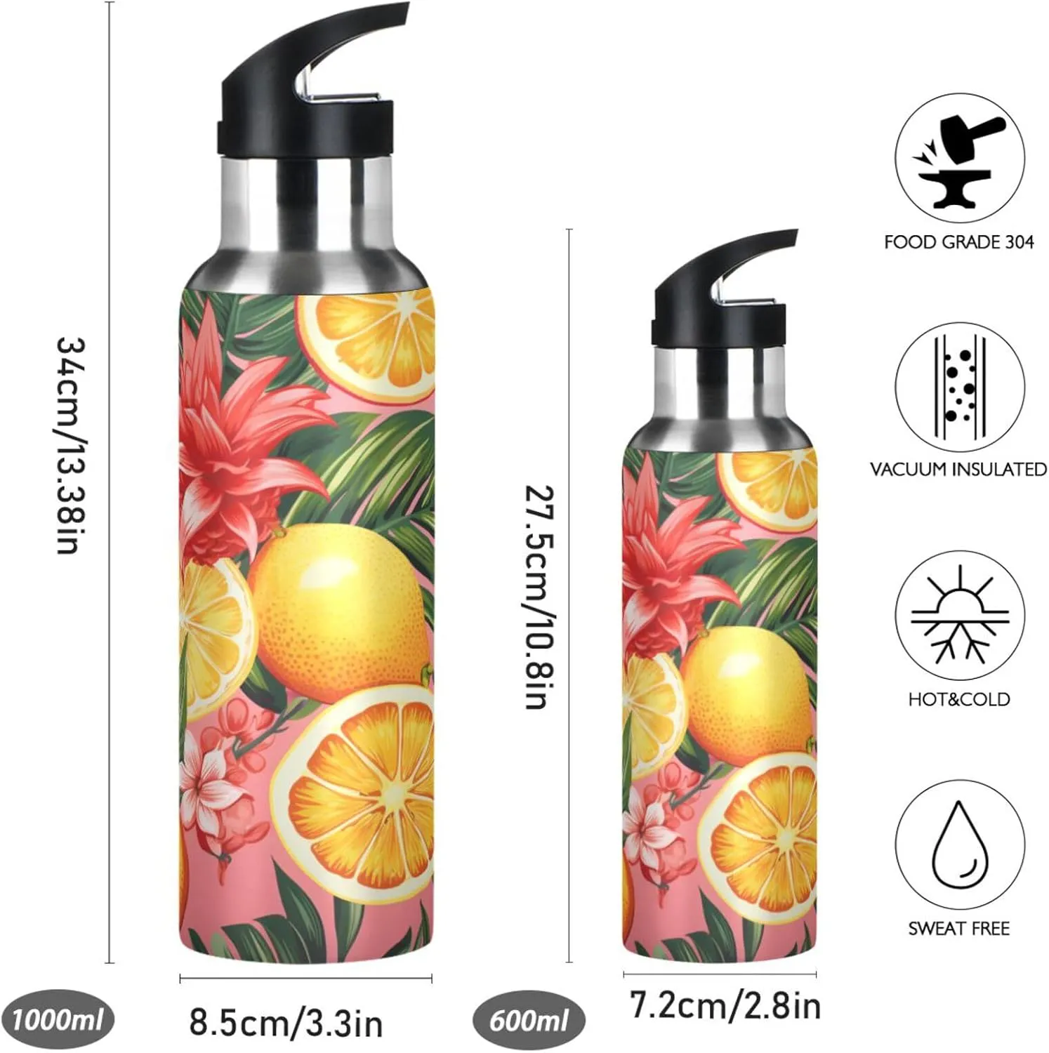 Colorful Tropical Fruit Sport Water Bottle Insulated Stainless Steel Large Vacuum Flask Leak Proof Thermos with Straw for Travel(600ml/1000ml)