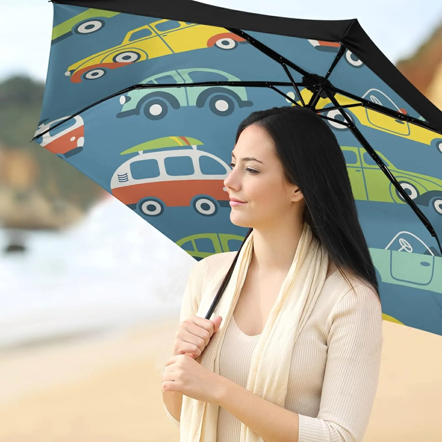 Compact Lightweight Folding Umbrella, Inner Print Sun Parasol with UV Protection, Strong Portable Travel Rain Umbrella