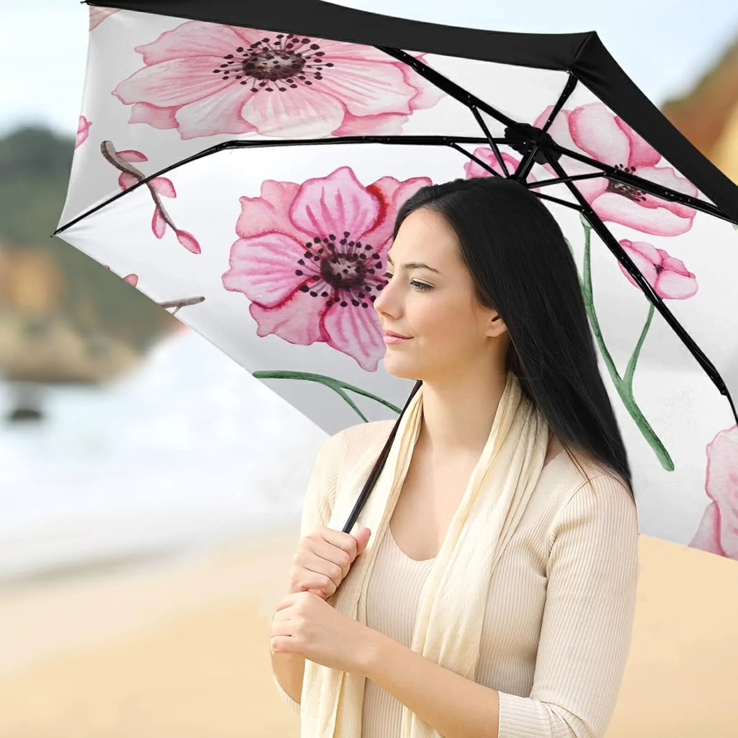 Compact Lightweight Folding Umbrella, Inner Print Sun Parasol with UV Protection, Strong Portable Travel Rain Umbrella