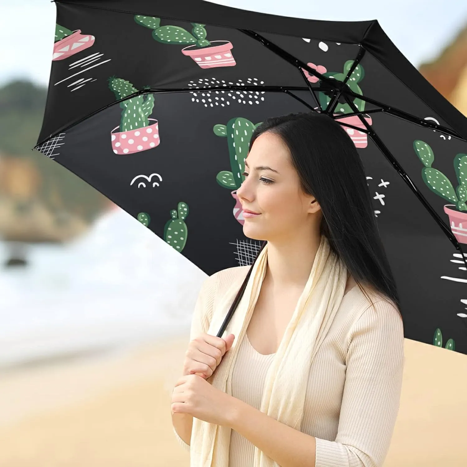 Compact Lightweight Folding Umbrella, Inner Print Sun Parasol with UV Protection, Strong Portable Travel Rain Umbrella