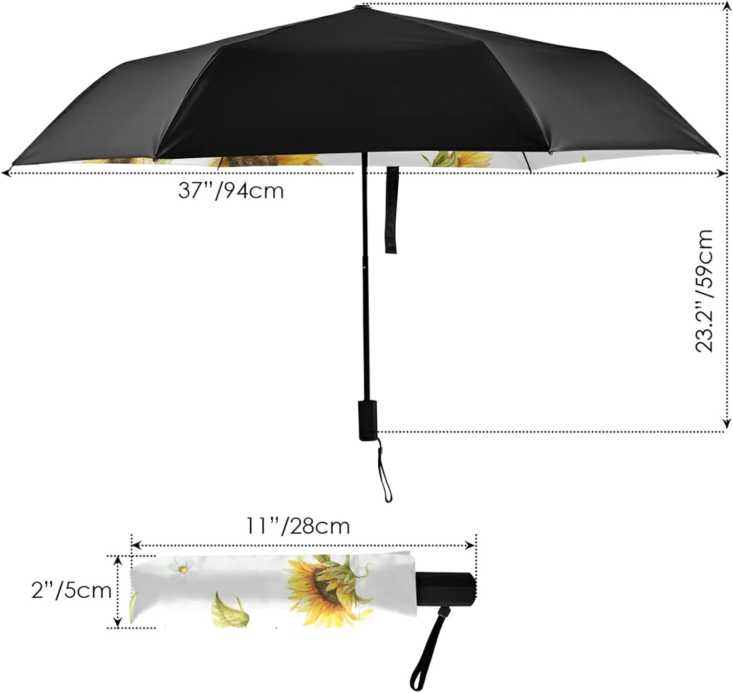 Compact Lightweight Folding Umbrella, Inner Print Sun Parasol with UV Protection, Strong Portable Travel Rain Umbrella