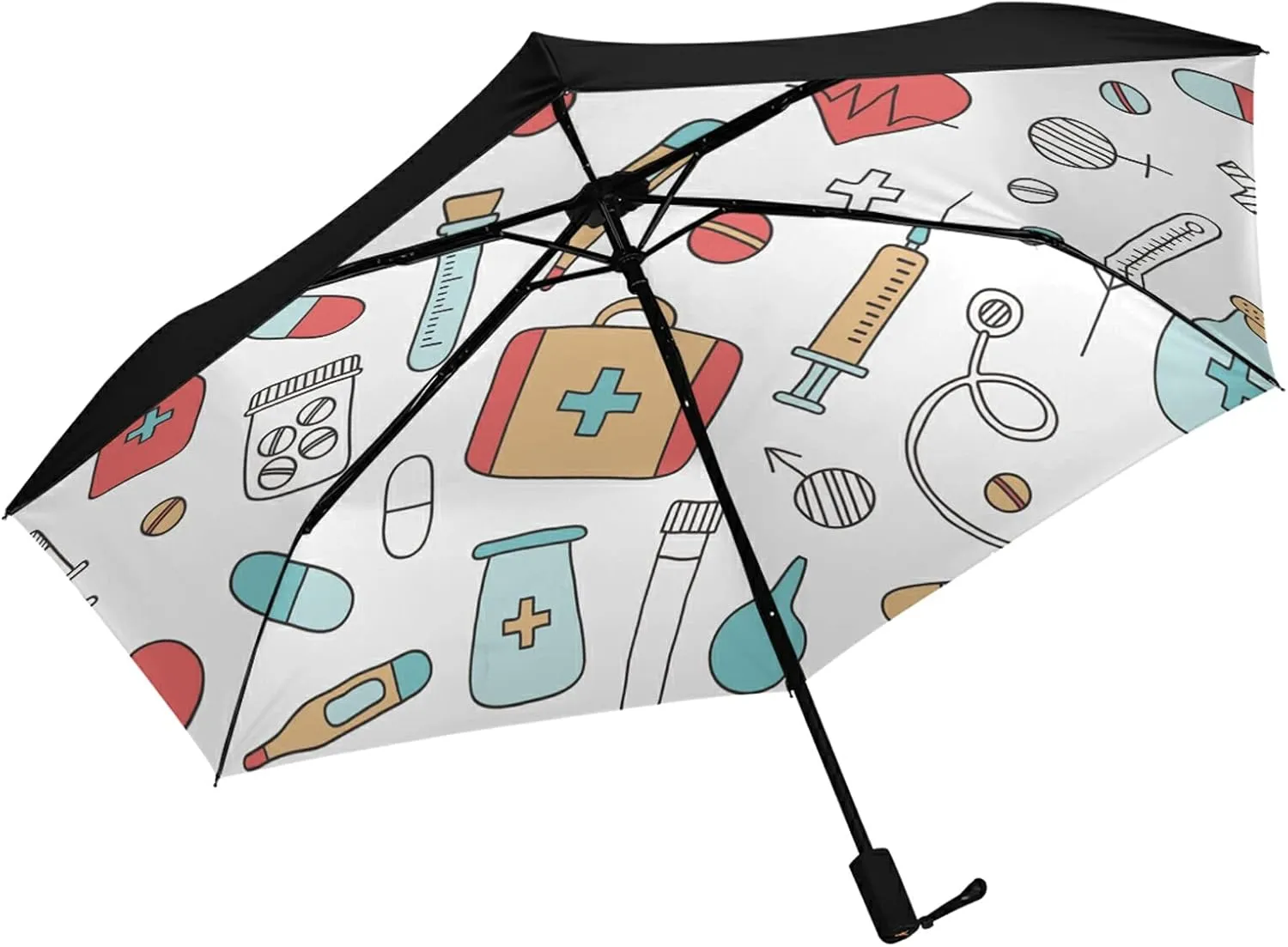 Compact Lightweight Folding Umbrella, Inner Print Sun Parasol with UV Protection, Strong Portable Travel Rain Umbrella