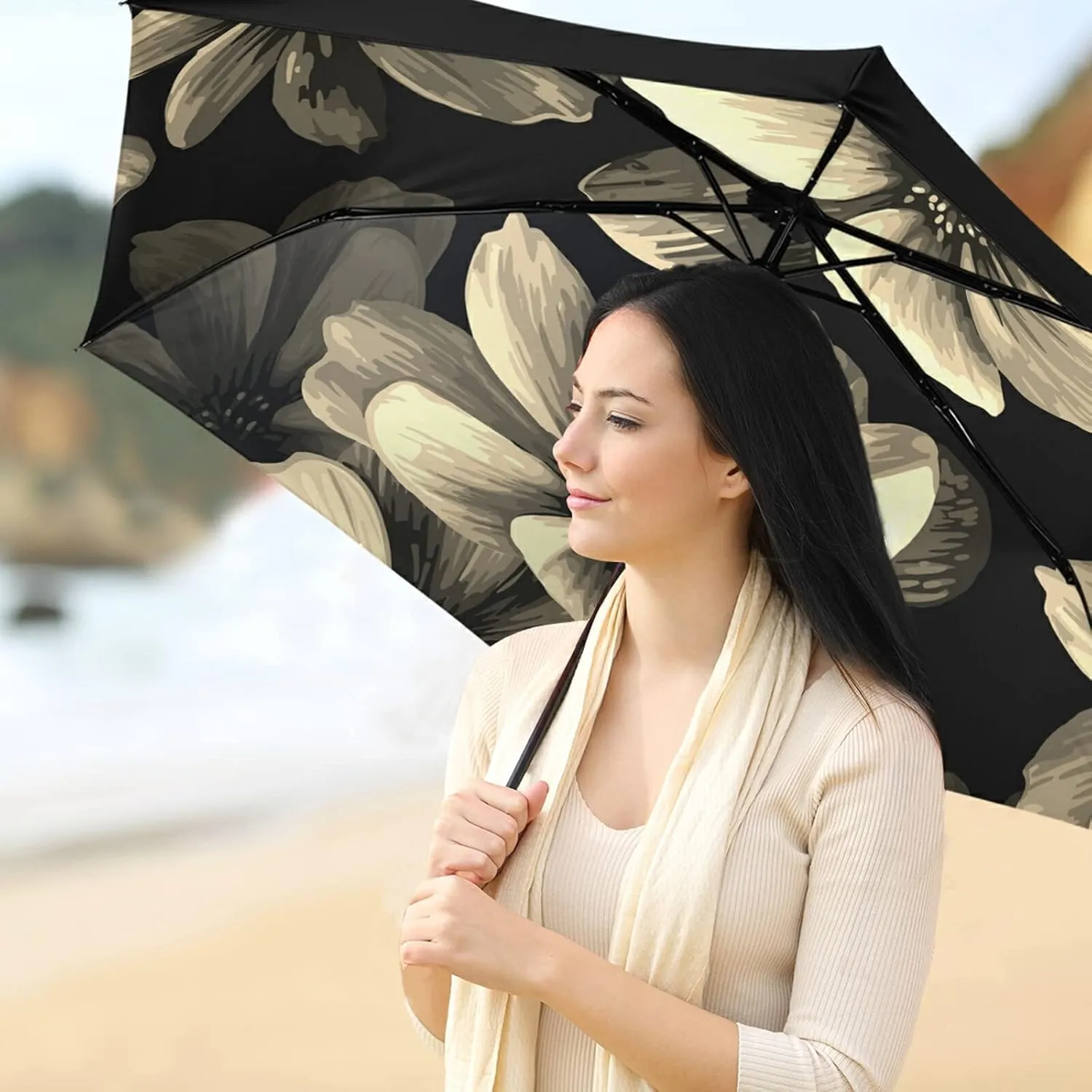 Compact Lightweight Folding Umbrella, Inner Print Sun Parasol with UV Protection, Strong Portable Travel Rain Umbrella