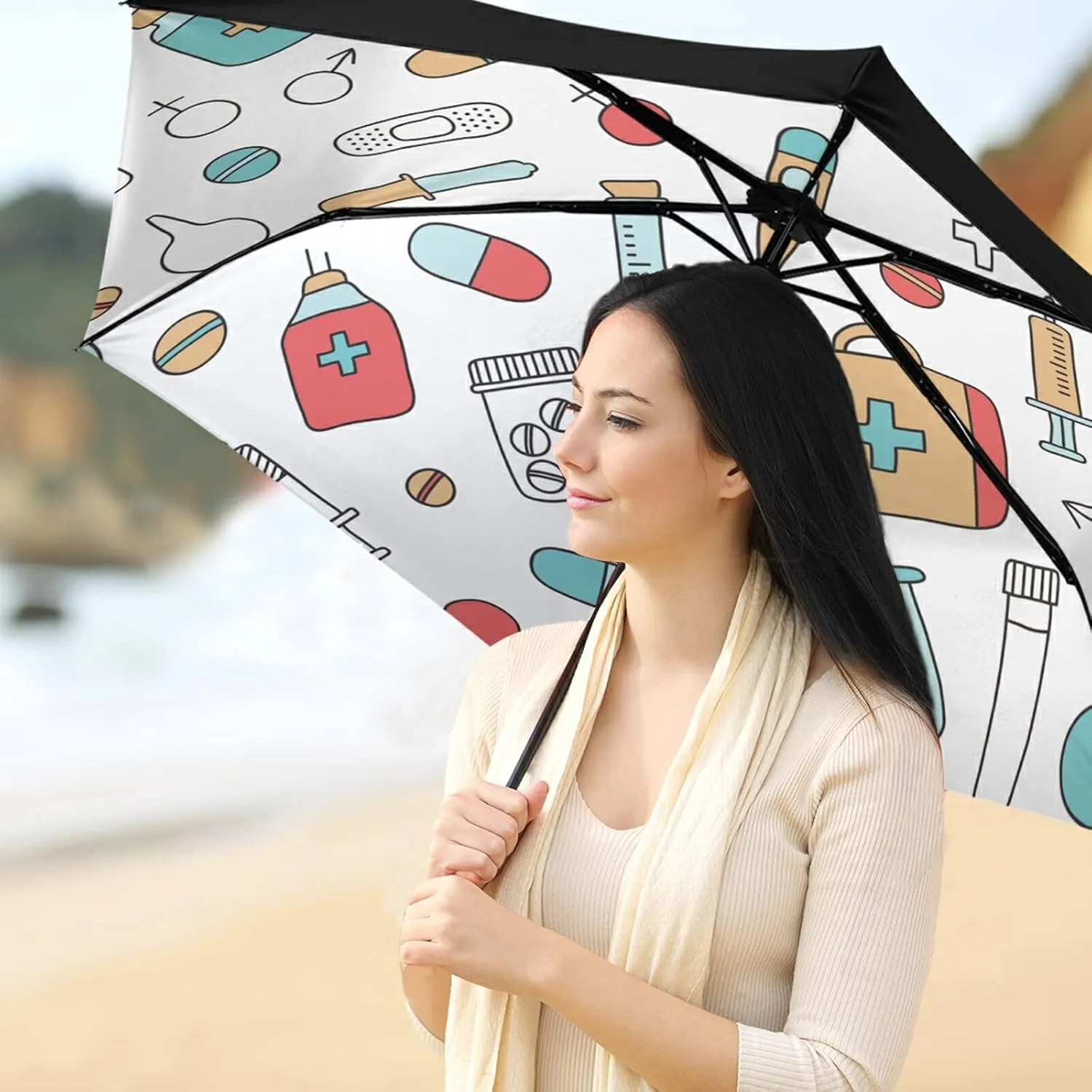 Compact Lightweight Folding Umbrella, Inner Print Sun Parasol with UV Protection, Strong Portable Travel Rain Umbrella