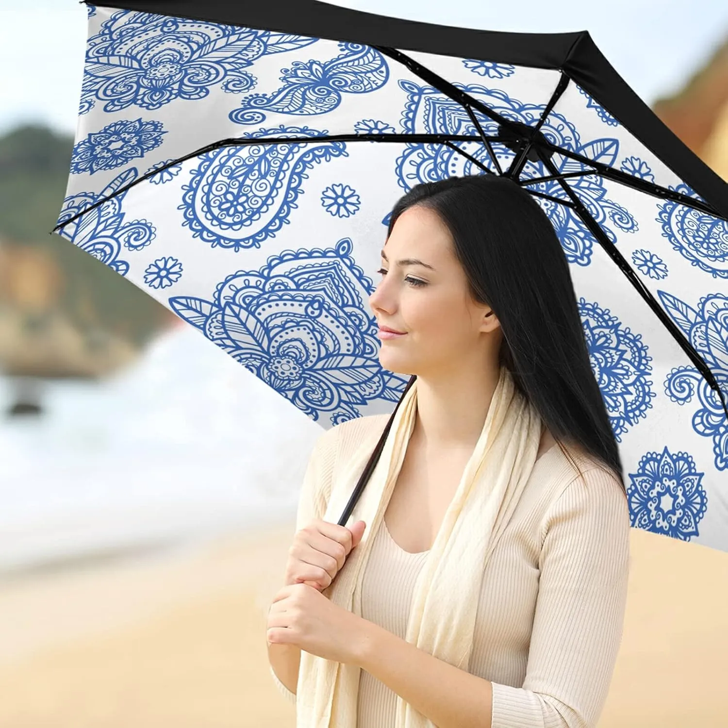 Compact Lightweight Folding Umbrella, Inner Print Sun Parasol with UV Protection, Strong Portable Travel Rain Umbrella