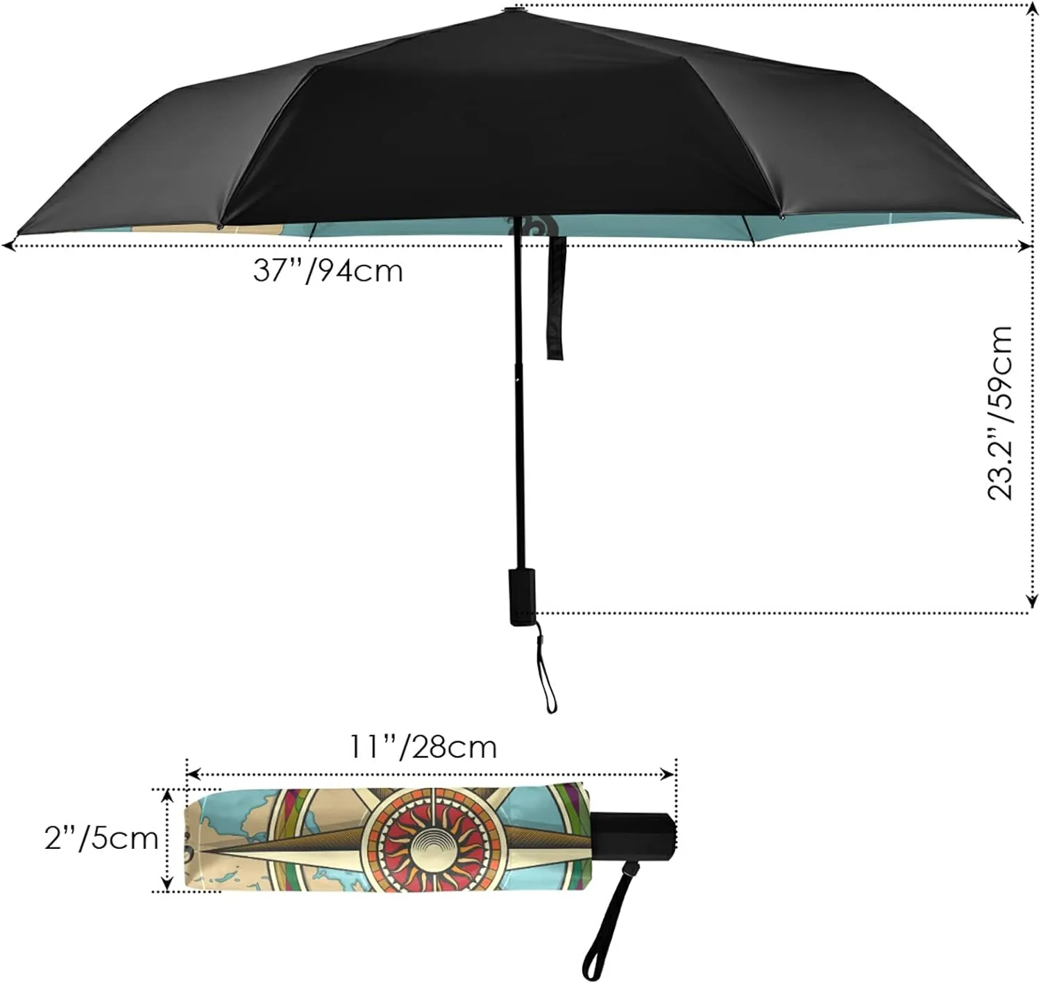 Compact Lightweight Folding Umbrella, Inner Print Sun Parasol with UV Protection, Strong Portable Travel Rain Umbrella