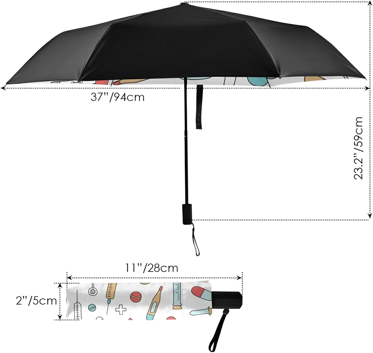 Compact Lightweight Folding Umbrella, Inner Print Sun Parasol with UV Protection, Strong Portable Travel Rain Umbrella
