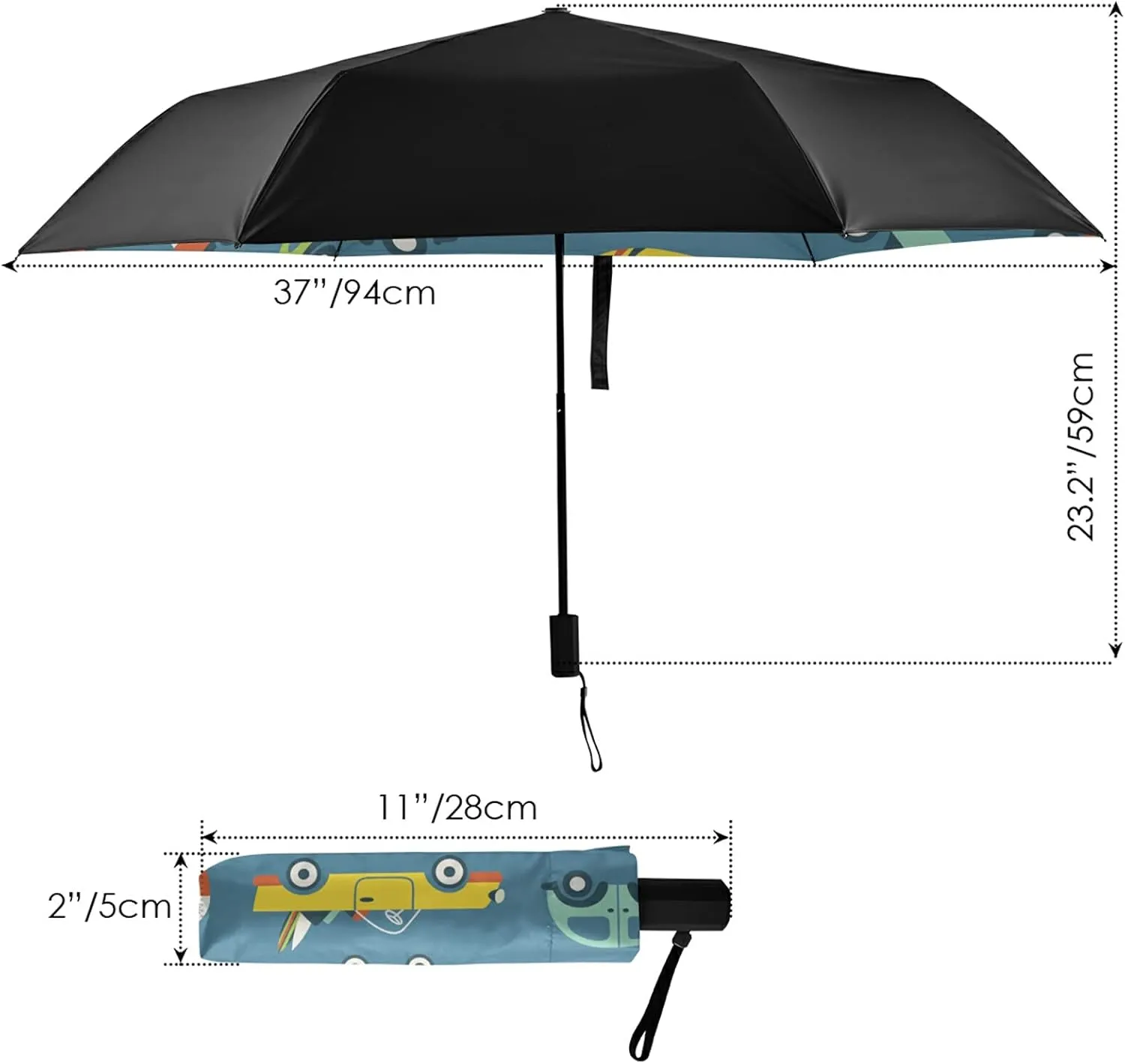 Compact Lightweight Folding Umbrella, Inner Print Sun Parasol with UV Protection, Strong Portable Travel Rain Umbrella