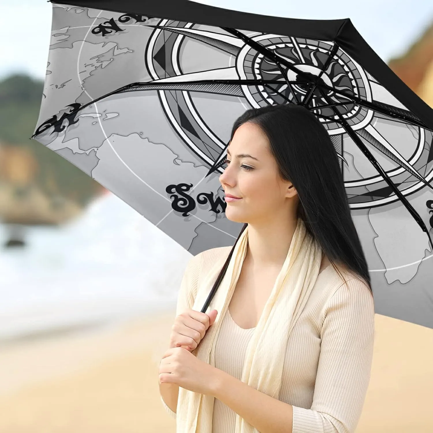 Compact Lightweight Folding Umbrella, Inner Print Sun Parasol with UV Protection, Strong Portable Travel Rain Umbrella