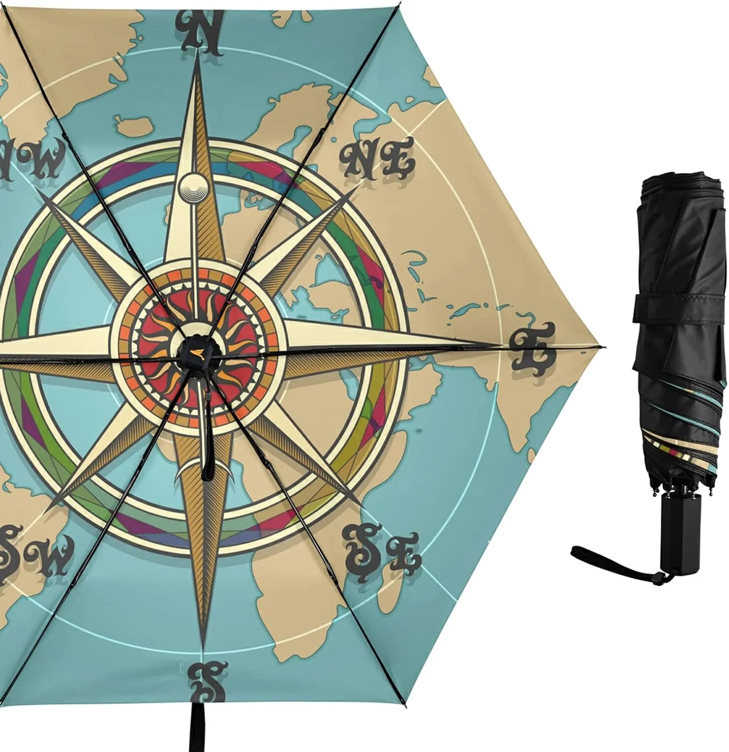 Compact Lightweight Folding Umbrella, Inner Print Sun Parasol with UV Protection, Strong Portable Travel Rain Umbrella