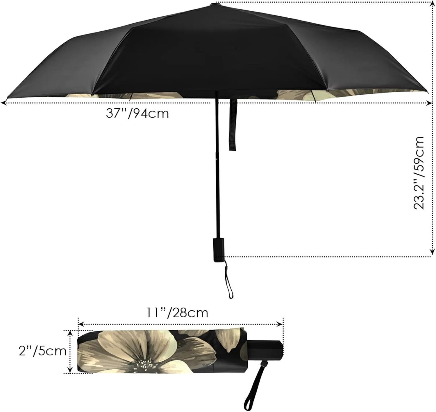 Compact Lightweight Folding Umbrella, Inner Print Sun Parasol with UV Protection, Strong Portable Travel Rain Umbrella
