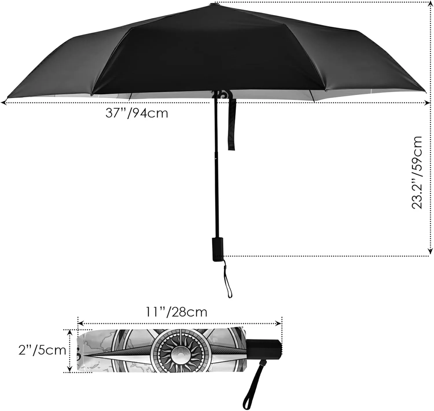 Compact Lightweight Folding Umbrella, Inner Print Sun Parasol with UV Protection, Strong Portable Travel Rain Umbrella