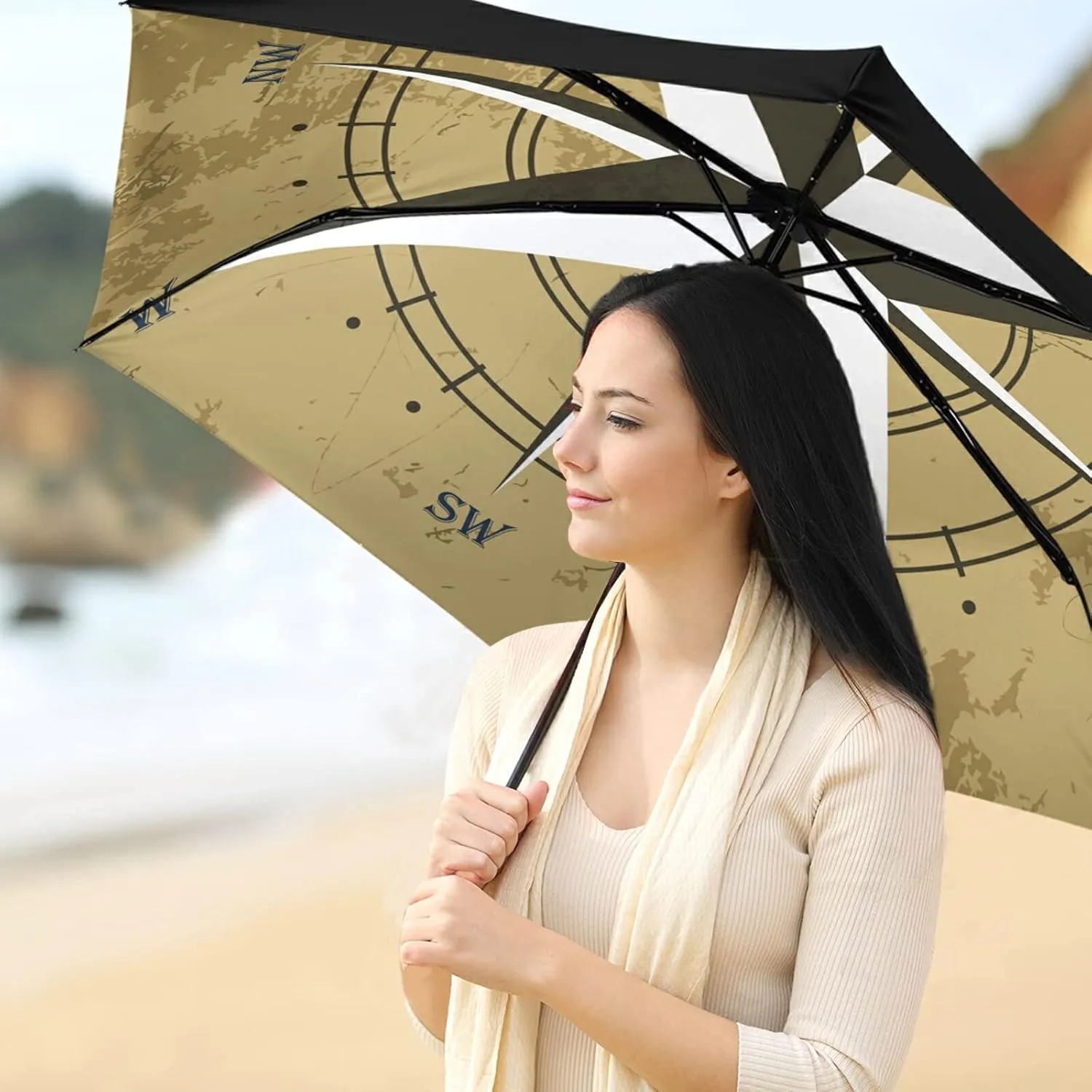 Compact Lightweight Folding Umbrella, Inner Print Sun Parasol with UV Protection, Strong Portable Travel Rain Umbrella