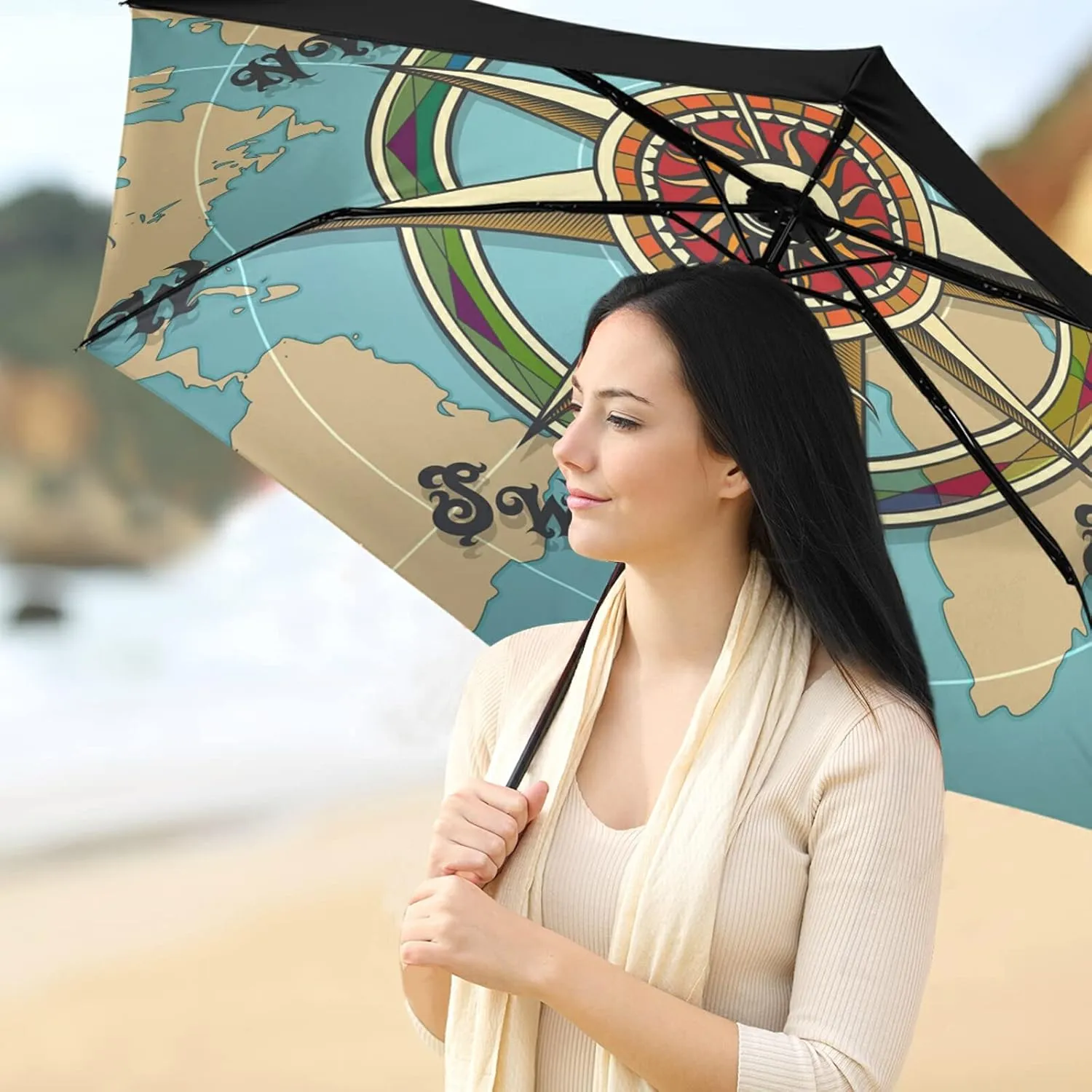 Compact Lightweight Folding Umbrella, Inner Print Sun Parasol with UV Protection, Strong Portable Travel Rain Umbrella