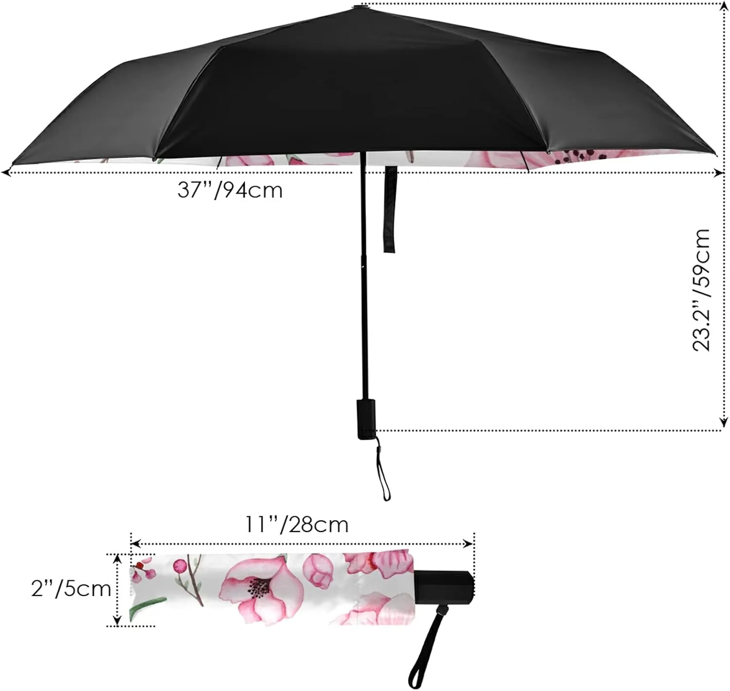 Compact Lightweight Folding Umbrella, Inner Print Sun Parasol with UV Protection, Strong Portable Travel Rain Umbrella