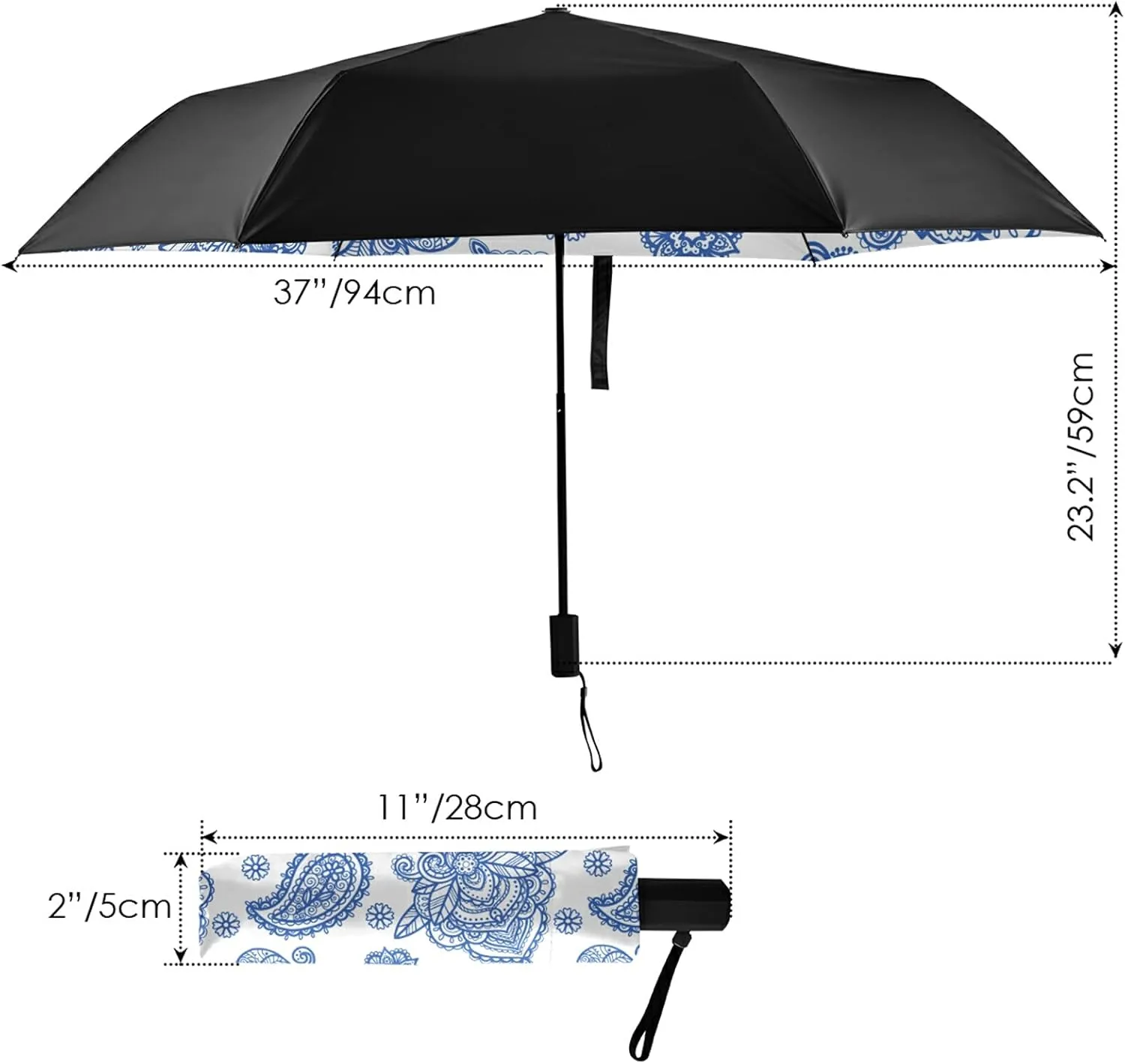 Compact Lightweight Folding Umbrella, Inner Print Sun Parasol with UV Protection, Strong Portable Travel Rain Umbrella