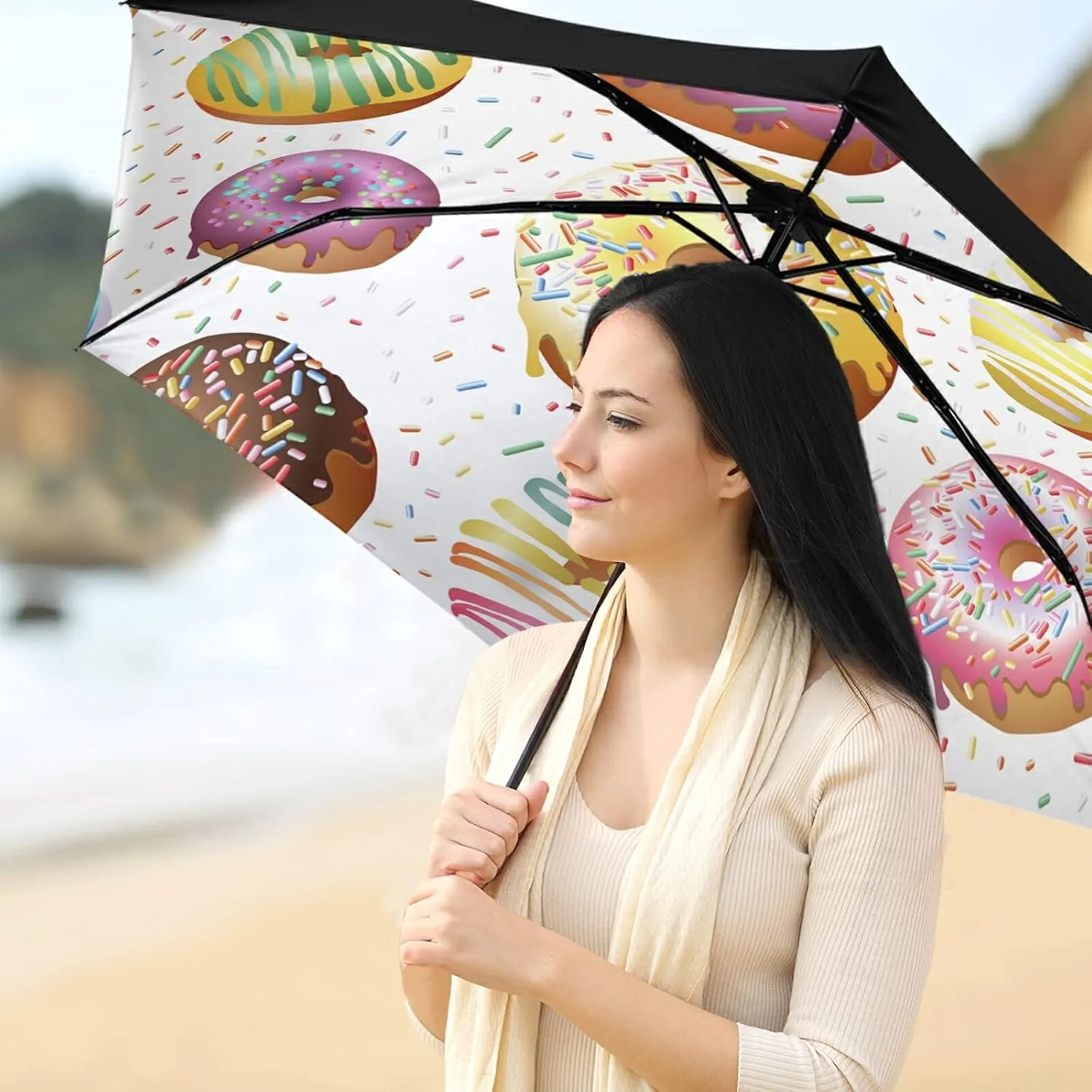 Compact Lightweight Folding Umbrella, Inner Print Sun Parasol with UV Protection, Strong Portable Travel Rain Umbrella