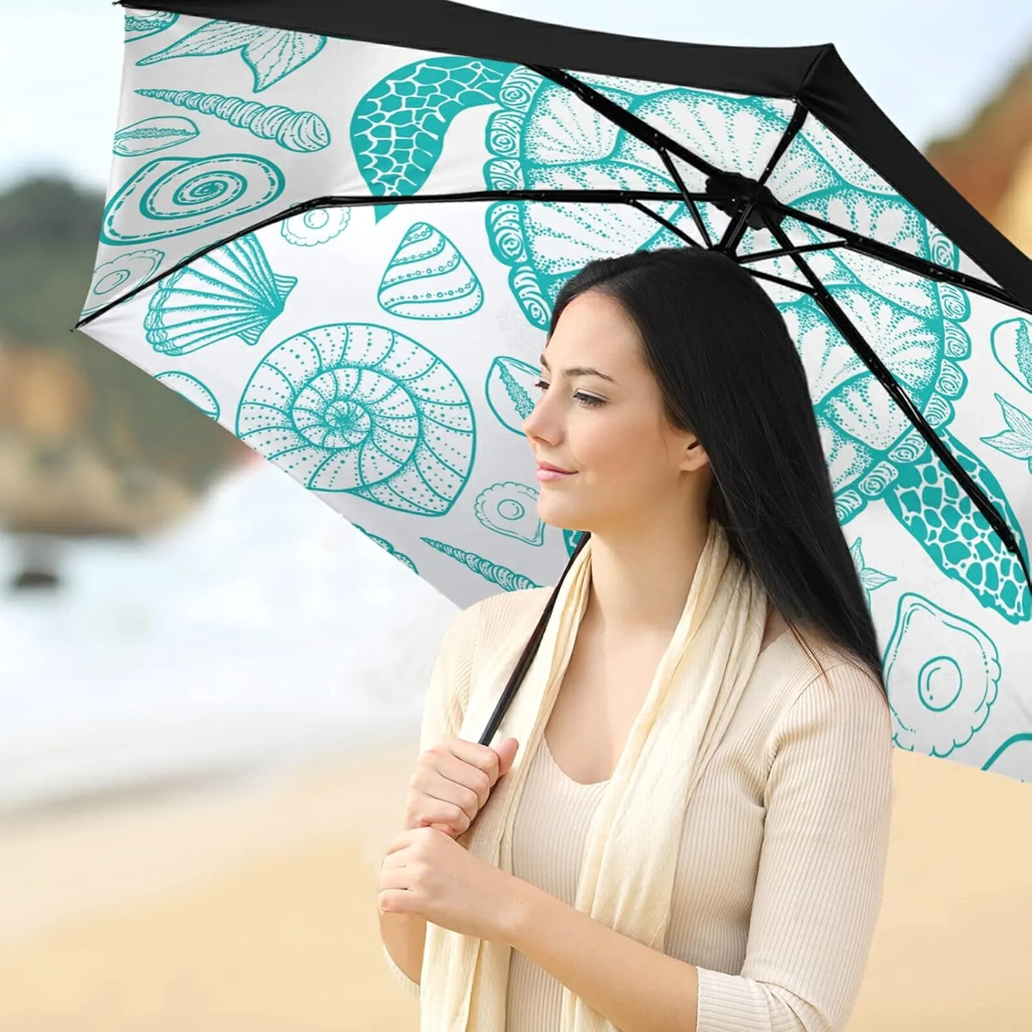 Compact Lightweight Folding Umbrella, Inner Print Sun Parasol with UV Protection, Strong Portable Travel Rain Umbrella