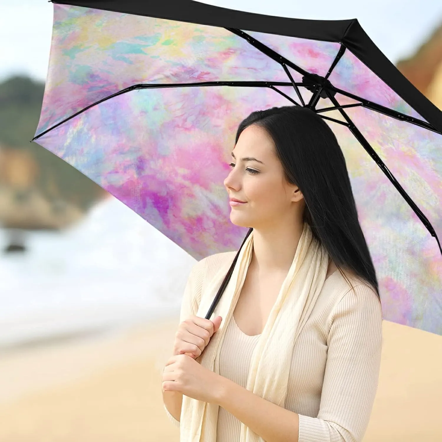Compact Lightweight Folding Umbrella, Inner Print Sun Parasol with UV Protection, Strong Portable Travel Rain Umbrella