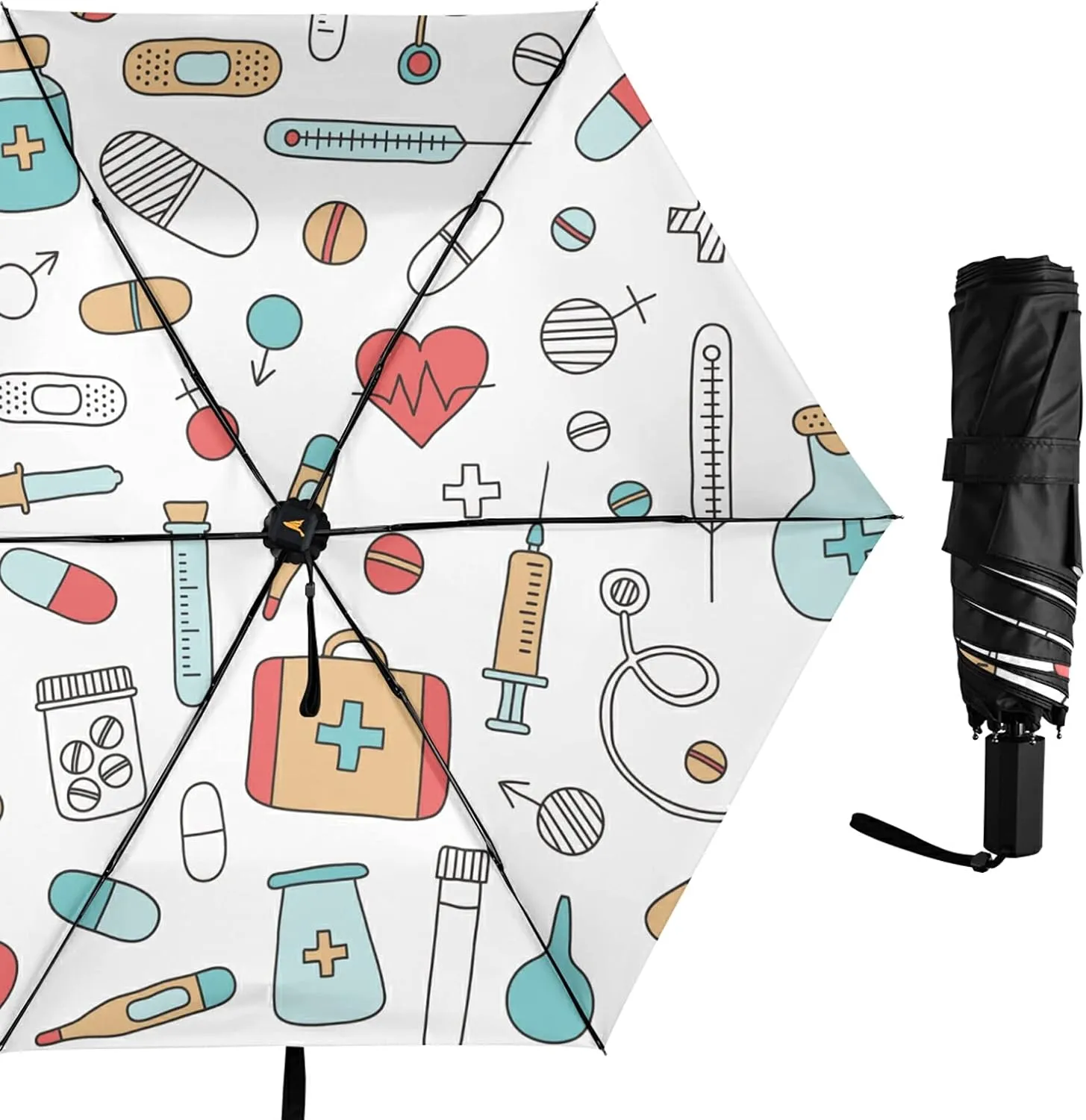Compact Lightweight Folding Umbrella, Inner Print Sun Parasol with UV Protection, Strong Portable Travel Rain Umbrella