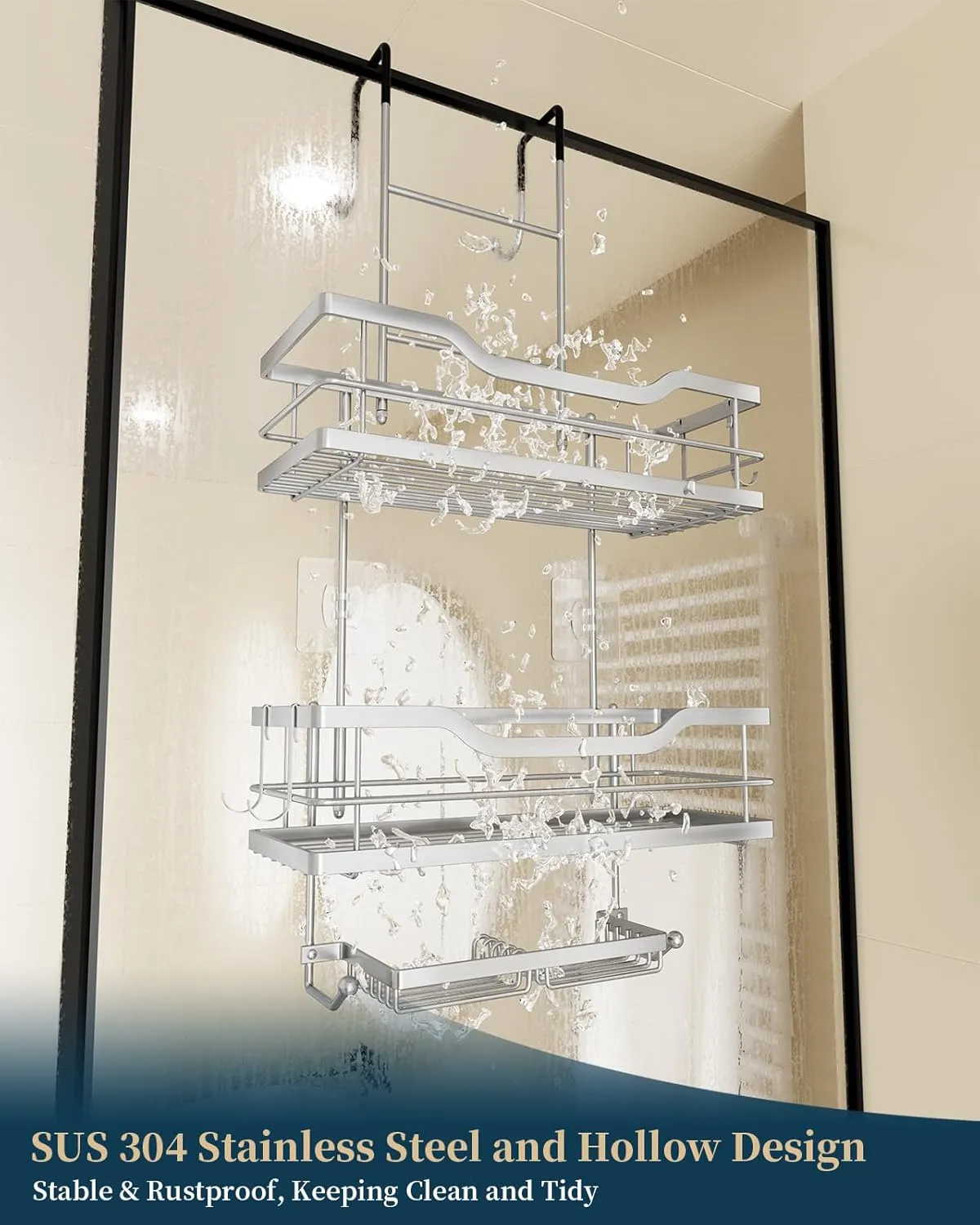 Consumest 3-Tier Hanging Shower Caddy Over the Door, Large Capacity Hanging Shower Organizer With 2 Soap Holder & 8 Hooks Rustproof Easy Installation Over Door Shelf for Bathroom, Silver