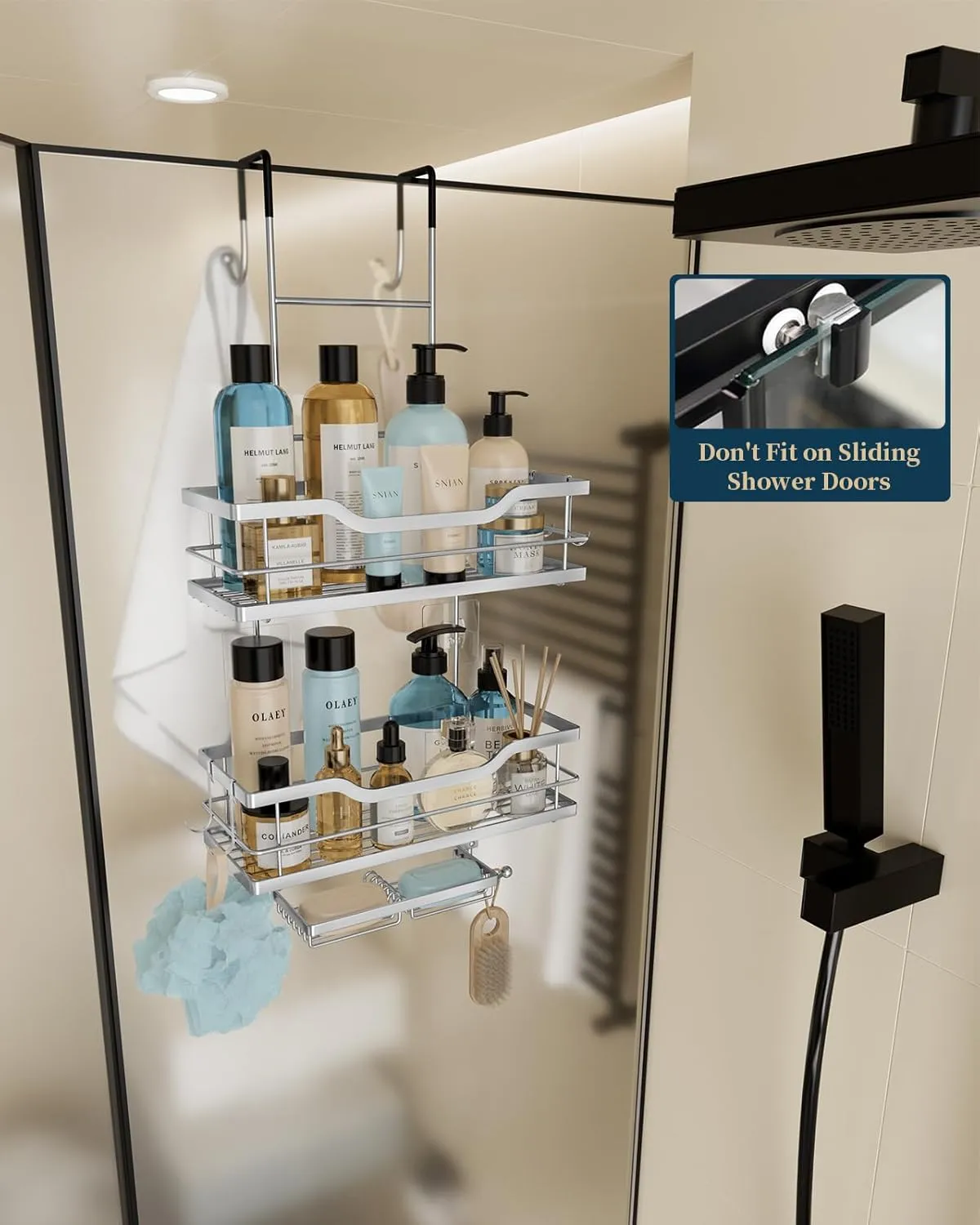 Consumest 3-Tier Hanging Shower Caddy Over the Door, Large Capacity Hanging Shower Organizer With 2 Soap Holder & 8 Hooks Rustproof Easy Installation Over Door Shelf for Bathroom, Silver