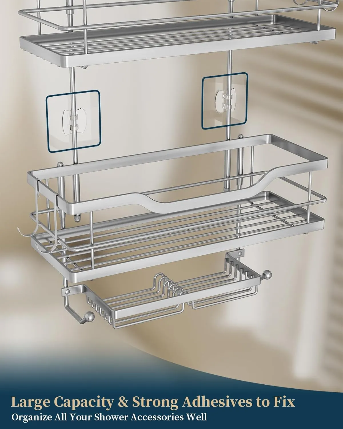 Consumest 3-Tier Hanging Shower Caddy Over the Door, Large Capacity Hanging Shower Organizer With 2 Soap Holder & 8 Hooks Rustproof Easy Installation Over Door Shelf for Bathroom, Silver