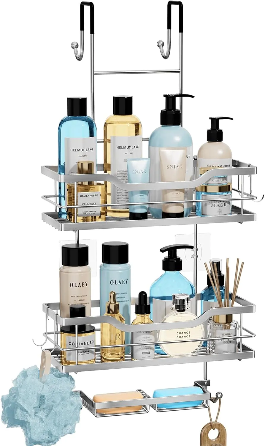 Consumest 3-Tier Hanging Shower Caddy Over the Door, Large Capacity Hanging Shower Organizer With 2 Soap Holder & 8 Hooks Rustproof Easy Installation Over Door Shelf for Bathroom, Silver