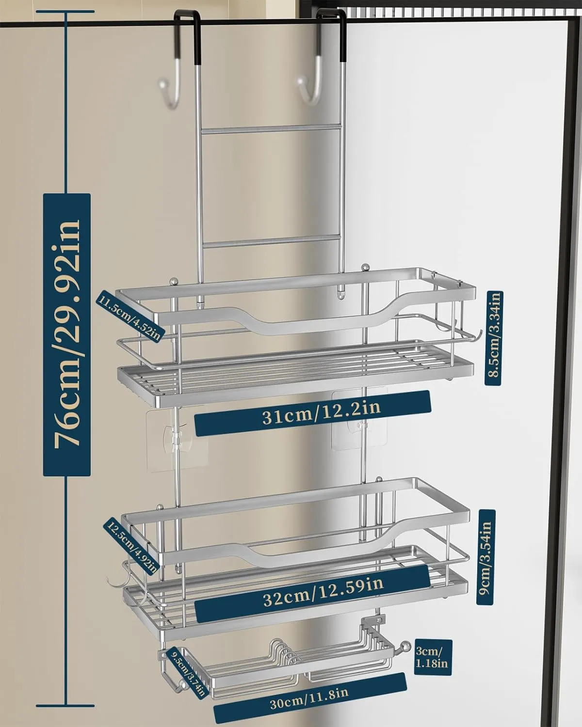 Consumest 3-Tier Hanging Shower Caddy Over the Door, Large Capacity Hanging Shower Organizer With 2 Soap Holder & 8 Hooks Rustproof Easy Installation Over Door Shelf for Bathroom, Silver