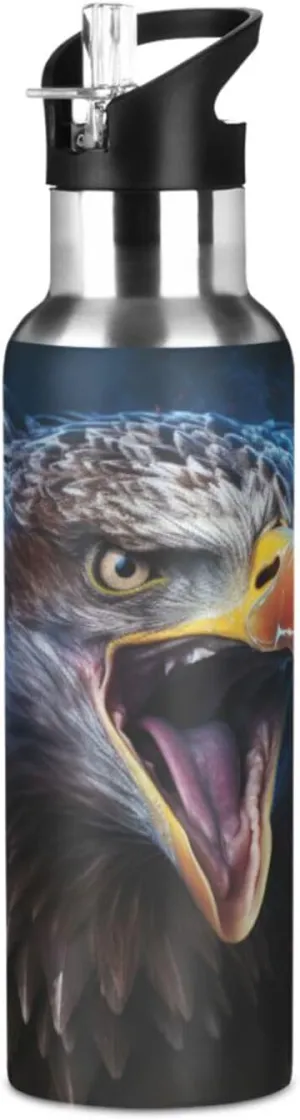 Cool Angry Blue Bald Eagle Sport Water Bottle Insulated Stainless Steel Large Vacuum Flask Leak Proof Thermos with Straw for Travel(600ml/1000ml)