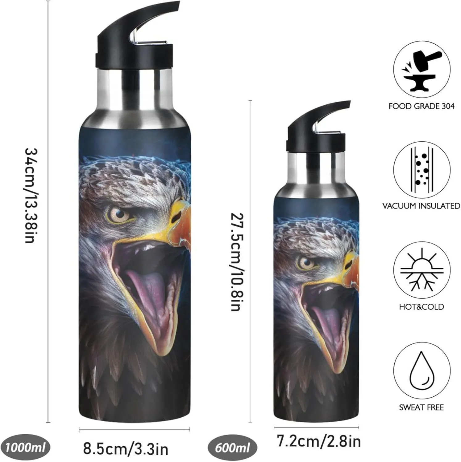 Cool Angry Blue Bald Eagle Sport Water Bottle Insulated Stainless Steel Large Vacuum Flask Leak Proof Thermos with Straw for Travel(600ml/1000ml)