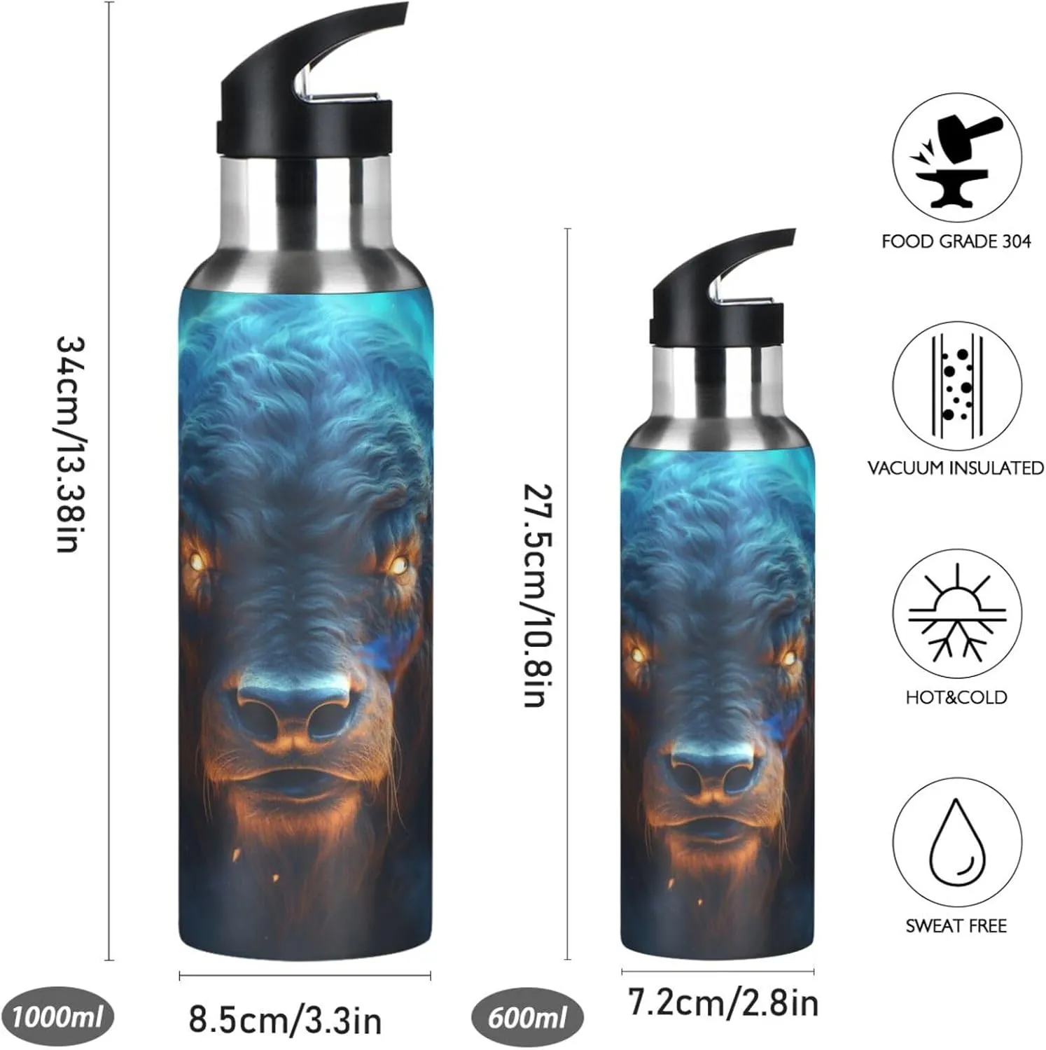 Cool Blue Bison Sport Water Bottle Insulated Stainless Steel Large Vacuum Flask Leak Proof Thermos with Straw for Travel(600ml/1000ml)