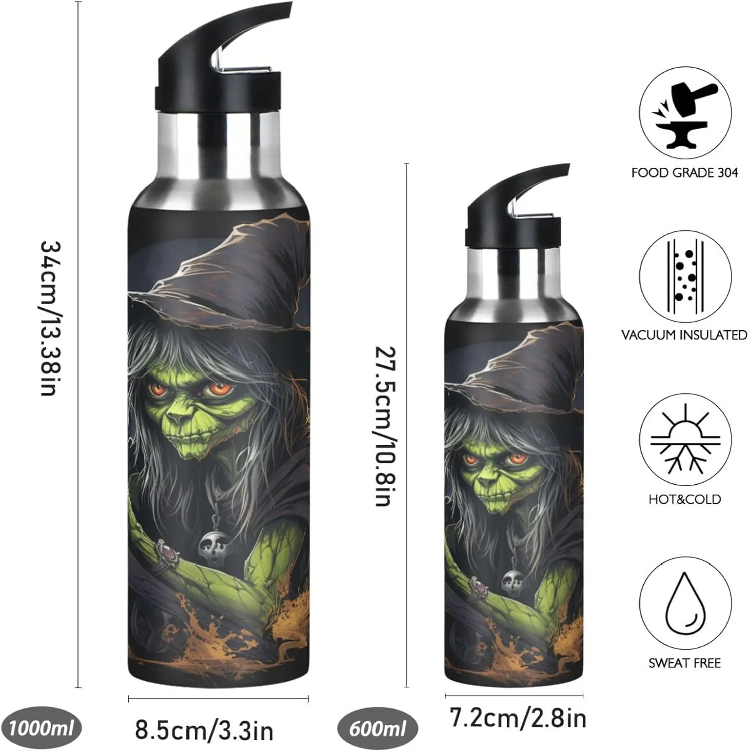 Cool Cartoon Witch Sport Water Bottle Insulated Stainless Steel Large Vacuum Flask Leak Proof Thermos with Straw for Travel(600ml/1000ml)