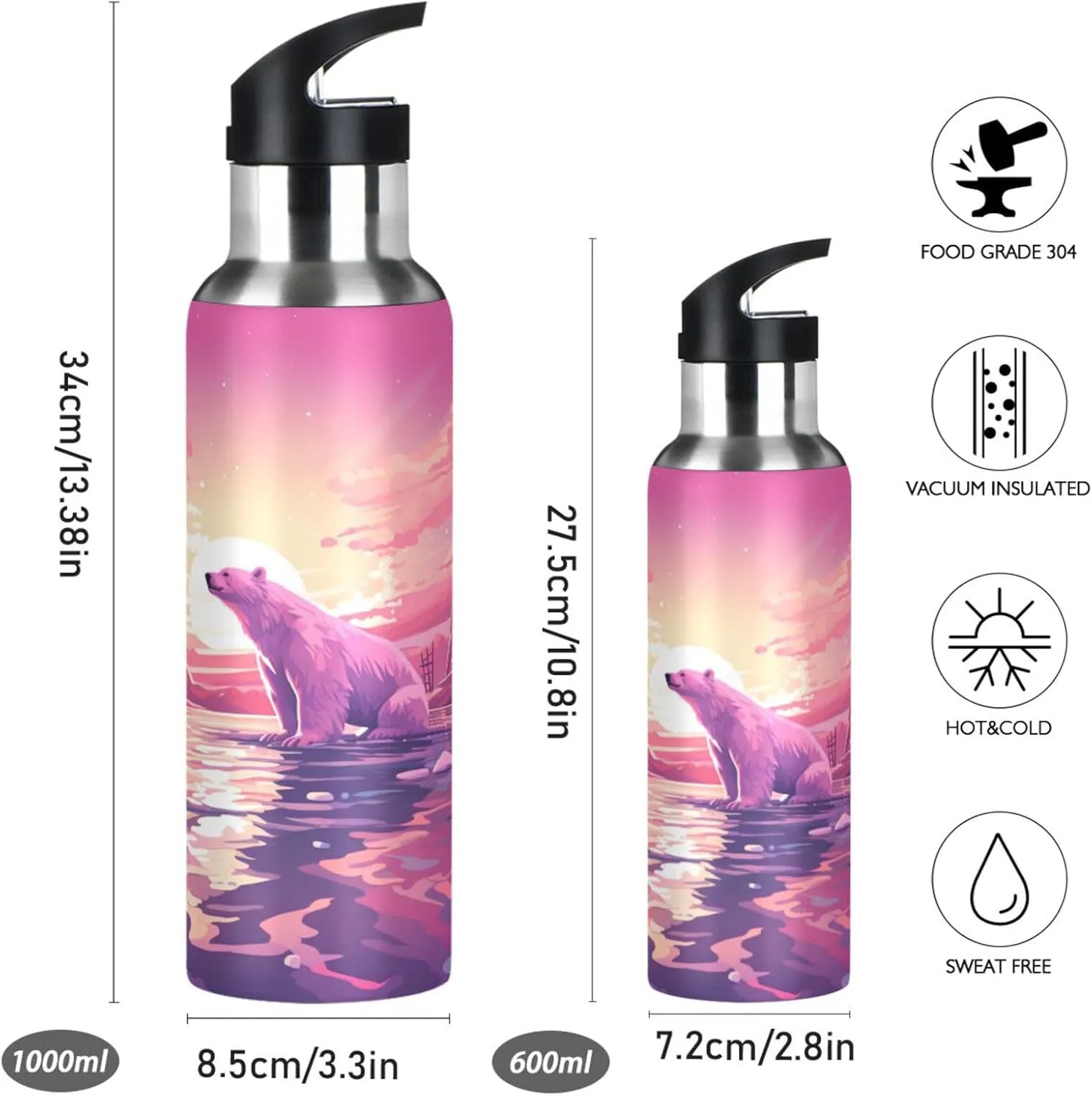 Cool Pink Polar Bear Sport Water Bottle Insulated Stainless Steel Large Vacuum Flask Leak Proof Thermos with Straw for Travel(600ml/1000ml)