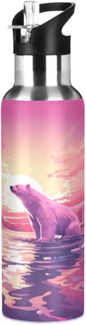 Cool Pink Polar Bear Sport Water Bottle Insulated Stainless Steel Large Vacuum Flask Leak Proof Thermos with Straw for Travel(600ml/1000ml)