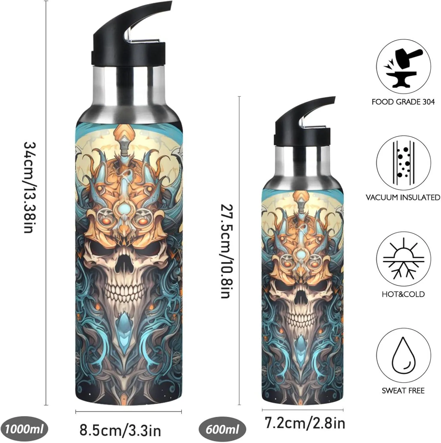 Cool Skull Moon Sport Water Bottle Insulated Stainless Steel Large Vacuum Flask Leak Proof Thermos with Straw for Travel(600ml/1000ml)