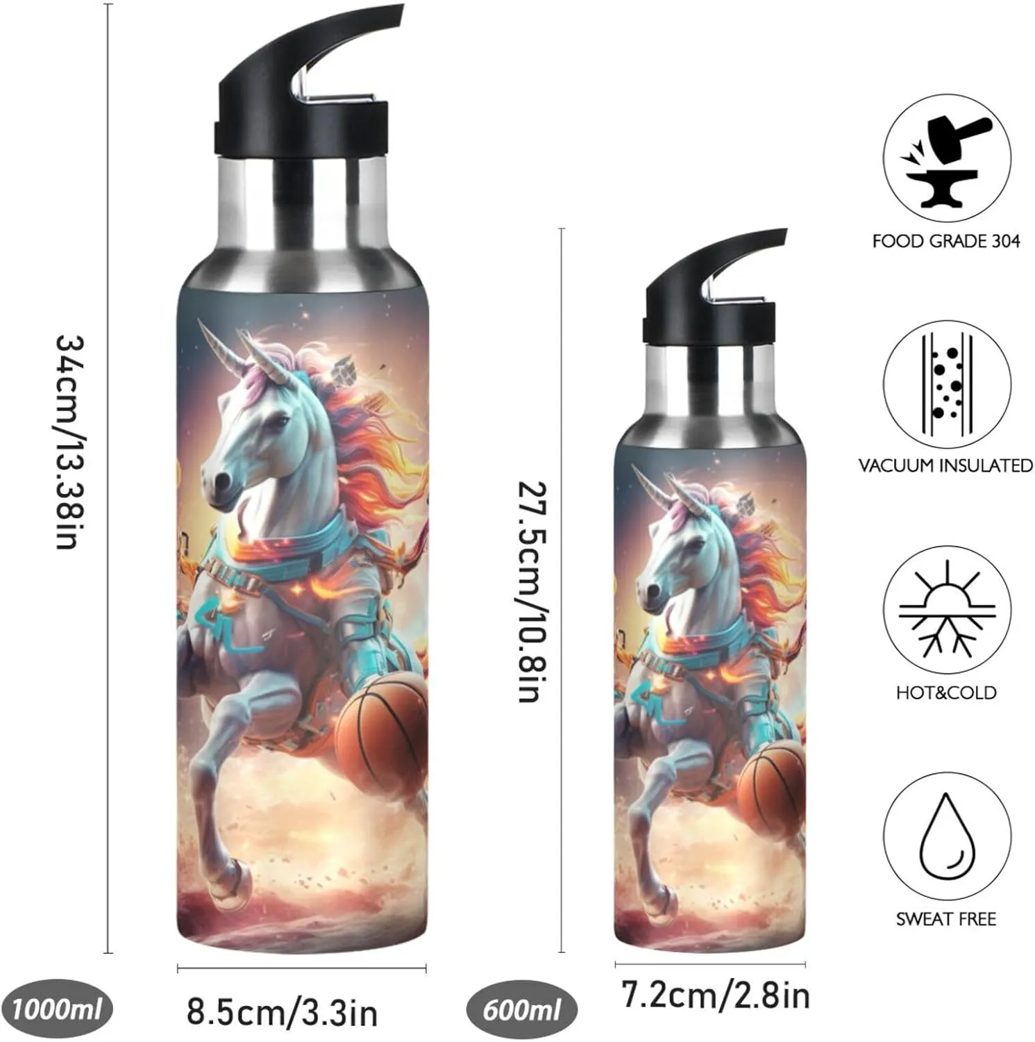 Cool Unicorn Space Basketball Sport Water Bottle Insulated Stainless Steel Large Vacuum Flask Leak Proof Thermos with Straw for Travel(600ml/1000ml)