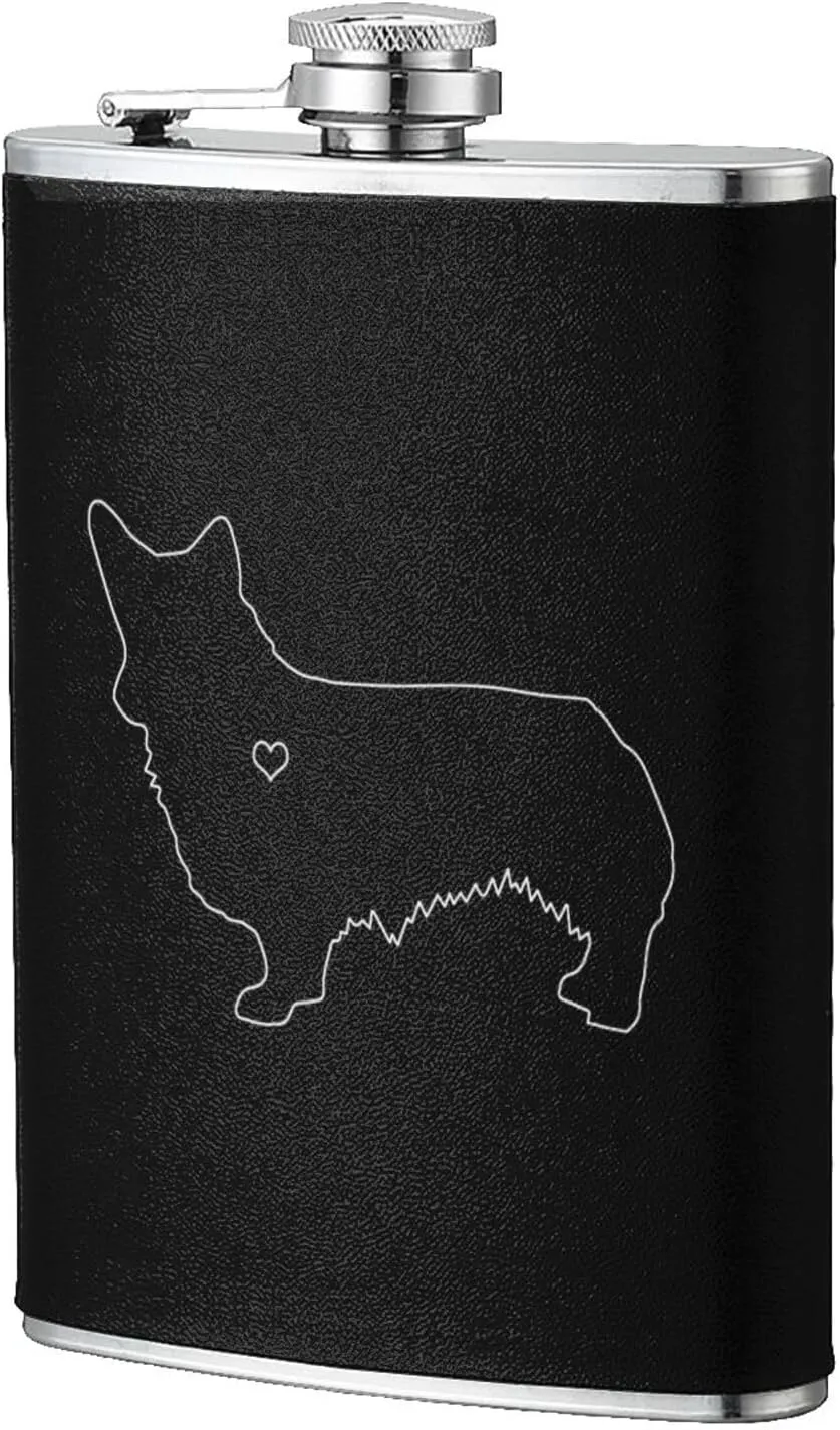 Corgi Silhouette Classic Hip Flask 8 Oz, Stainless Steel Leakproof Hip Flask, Leather Wrapped With Lid