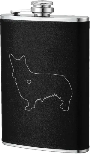Corgi Silhouette Classic Hip Flask 8 Oz, Stainless Steel Leakproof Hip Flask, Leather Wrapped With Lid