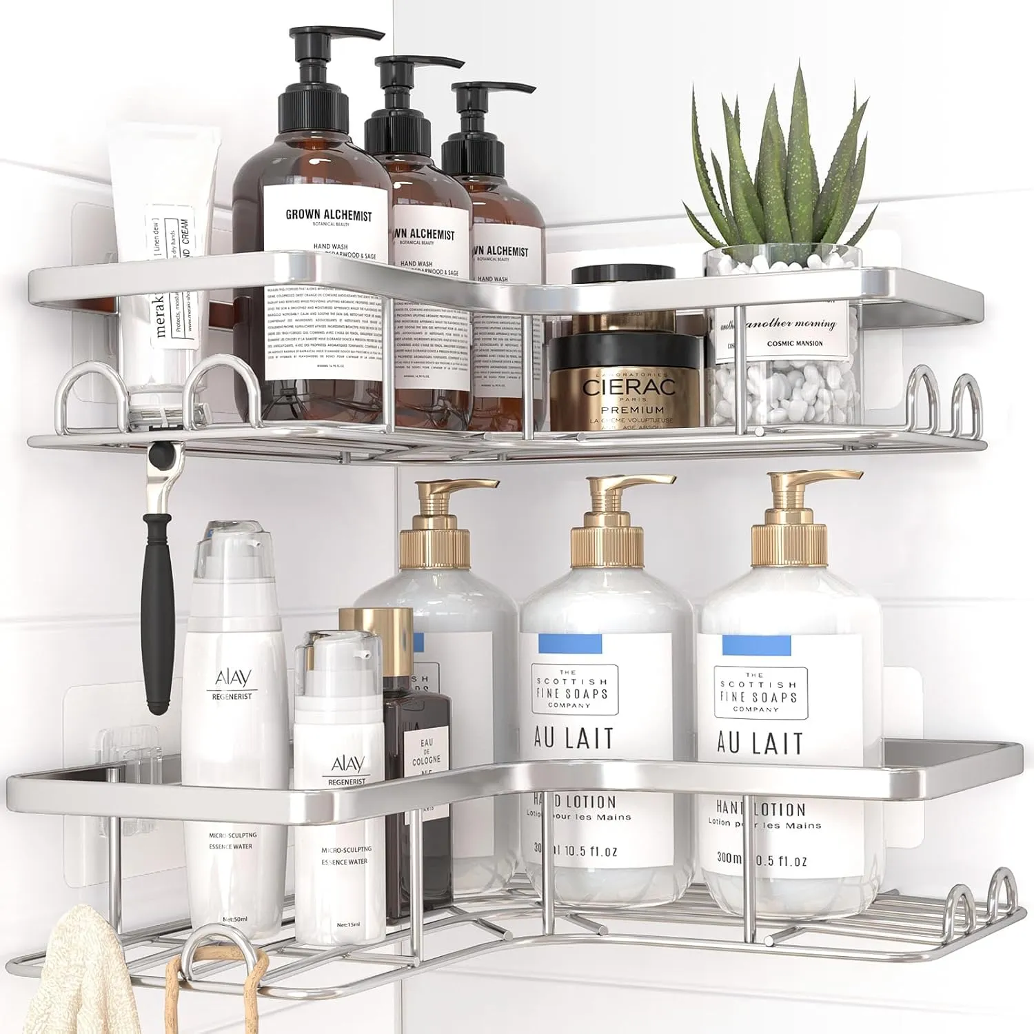 Corner Shower Caddy - 2 Pack, Adhesive Shower Organizers, Rustproof Stainless Steel Shower Shelves with 8 Hooks, No Drilling Bathroom Organizers and Storage Racks, Space-Saving, Silver, Large