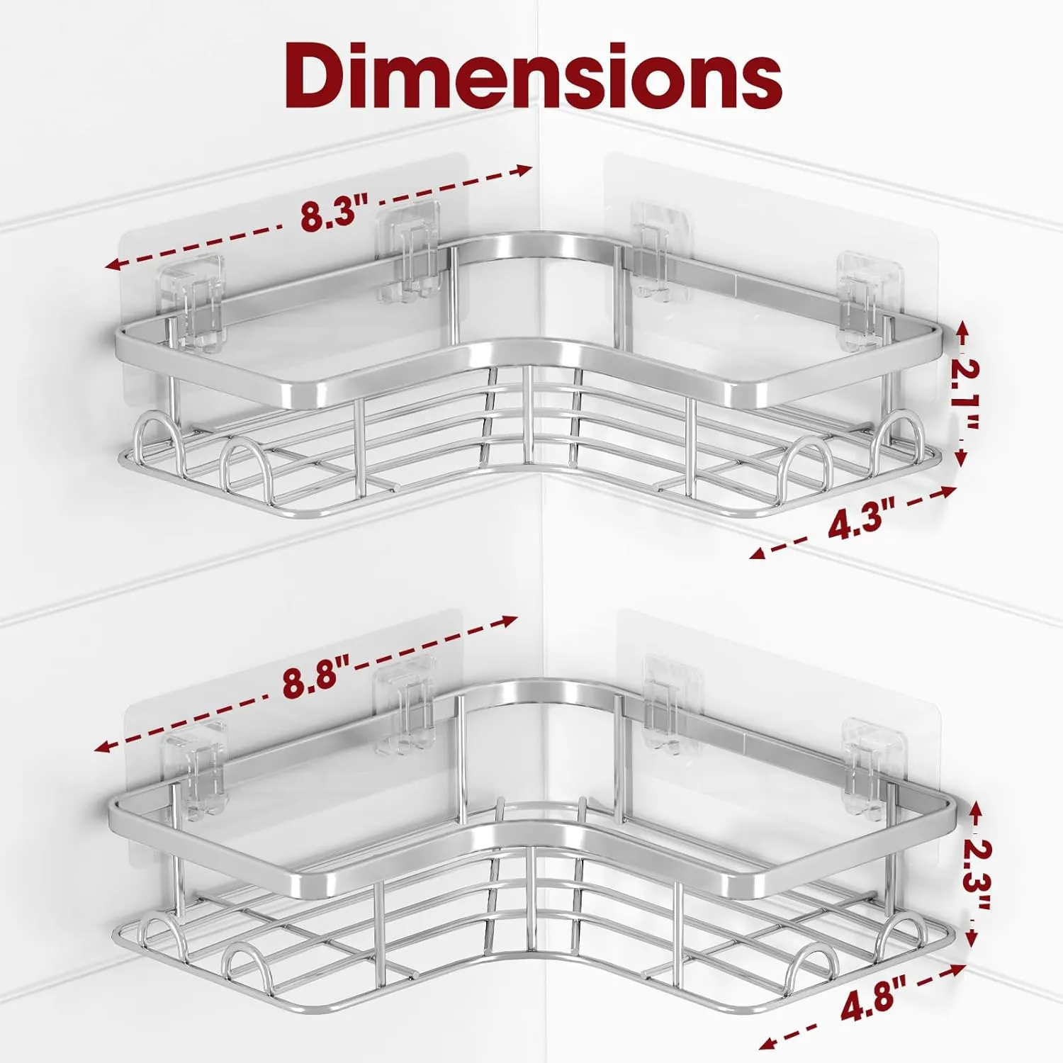 Corner Shower Caddy - 2 Pack, Adhesive Shower Organizers, Rustproof Stainless Steel Shower Shelves with 8 Hooks, No Drilling Bathroom Organizers and Storage Racks, Space-Saving, Silver, Large