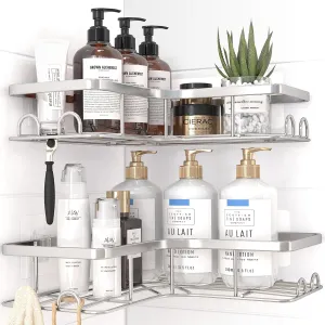 Corner Shower Caddy - 2 Pack, Adhesive Shower Organizers, Rustproof Stainless Steel Shower Shelves with 8 Hooks, No Drilling Bathroom Organizers and Storage Racks, Space-Saving, Silver, Large