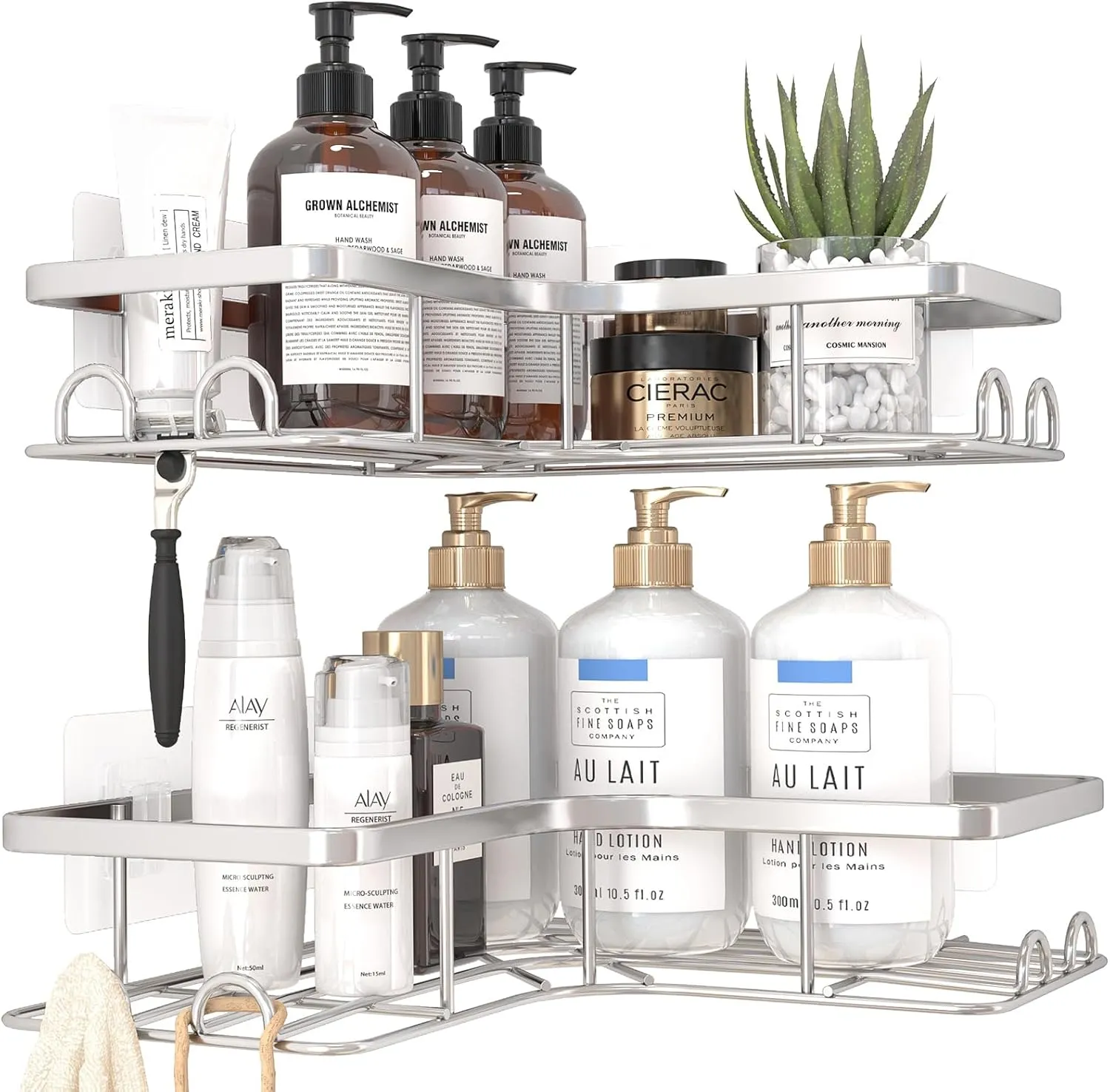 Corner Shower Caddy - 2 Pack, Adhesive Shower Organizers, Rustproof Stainless Steel Shower Shelves with 8 Hooks, No Drilling Bathroom Organizers and Storage Racks, Space-Saving, Silver, Large