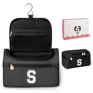 COSHAYSOO Useful Birthday Gifts for Women Best Friends Initial Hanging Toiletry Bag Waterproof Travel Makeup Cosmetic Pouch Airplane Cruise Ship Car Traveling Accessories Essentials Black Letter S