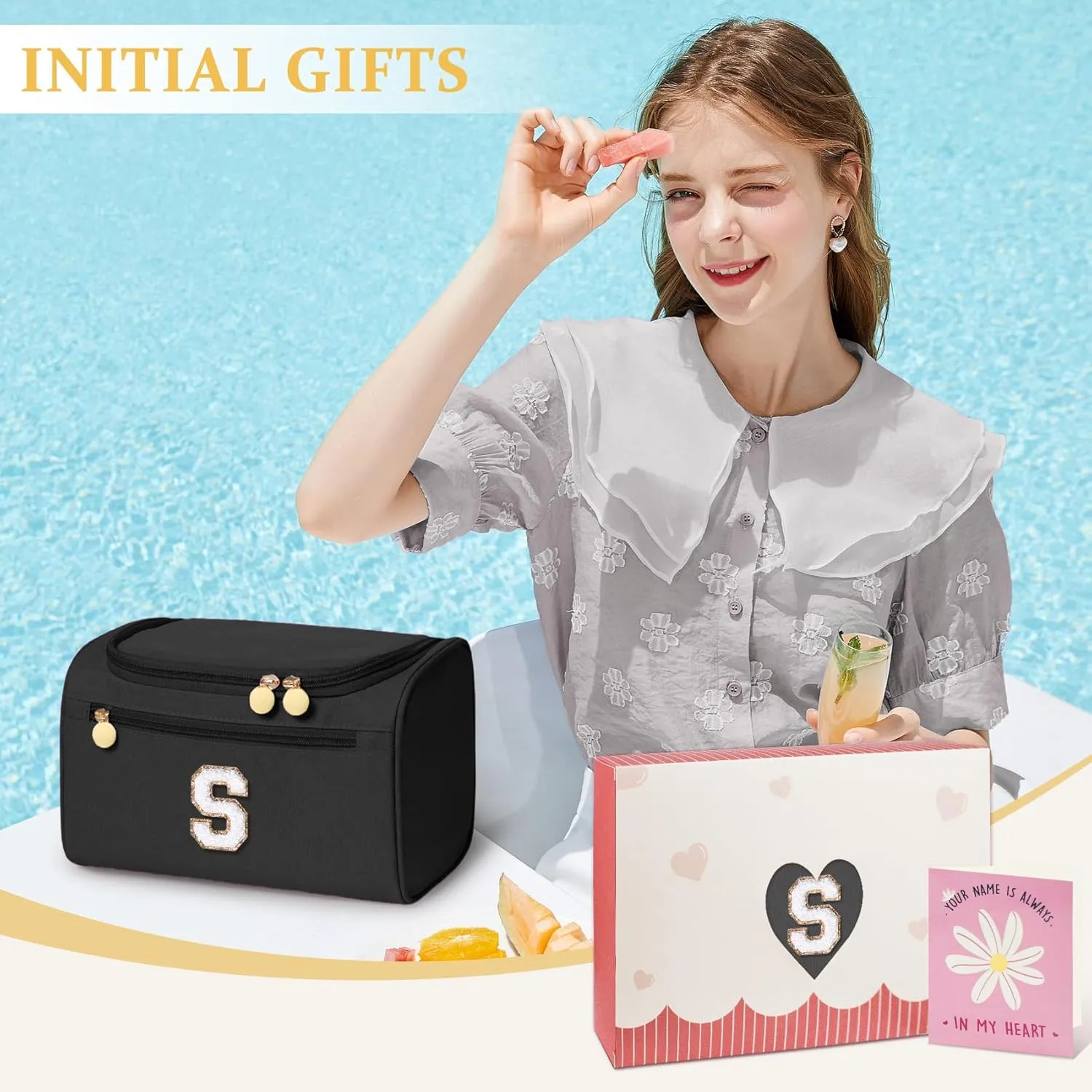 COSHAYSOO Useful Birthday Gifts for Women Best Friends Initial Hanging Toiletry Bag Waterproof Travel Makeup Cosmetic Pouch Airplane Cruise Ship Car Traveling Accessories Essentials Black Letter S