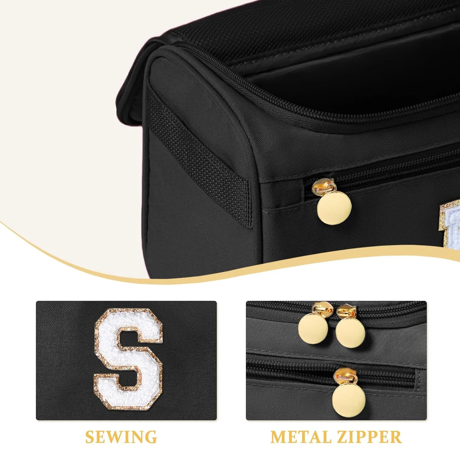COSHAYSOO Useful Birthday Gifts for Women Best Friends Initial Hanging Toiletry Bag Waterproof Travel Makeup Cosmetic Pouch Airplane Cruise Ship Car Traveling Accessories Essentials Black Letter S
