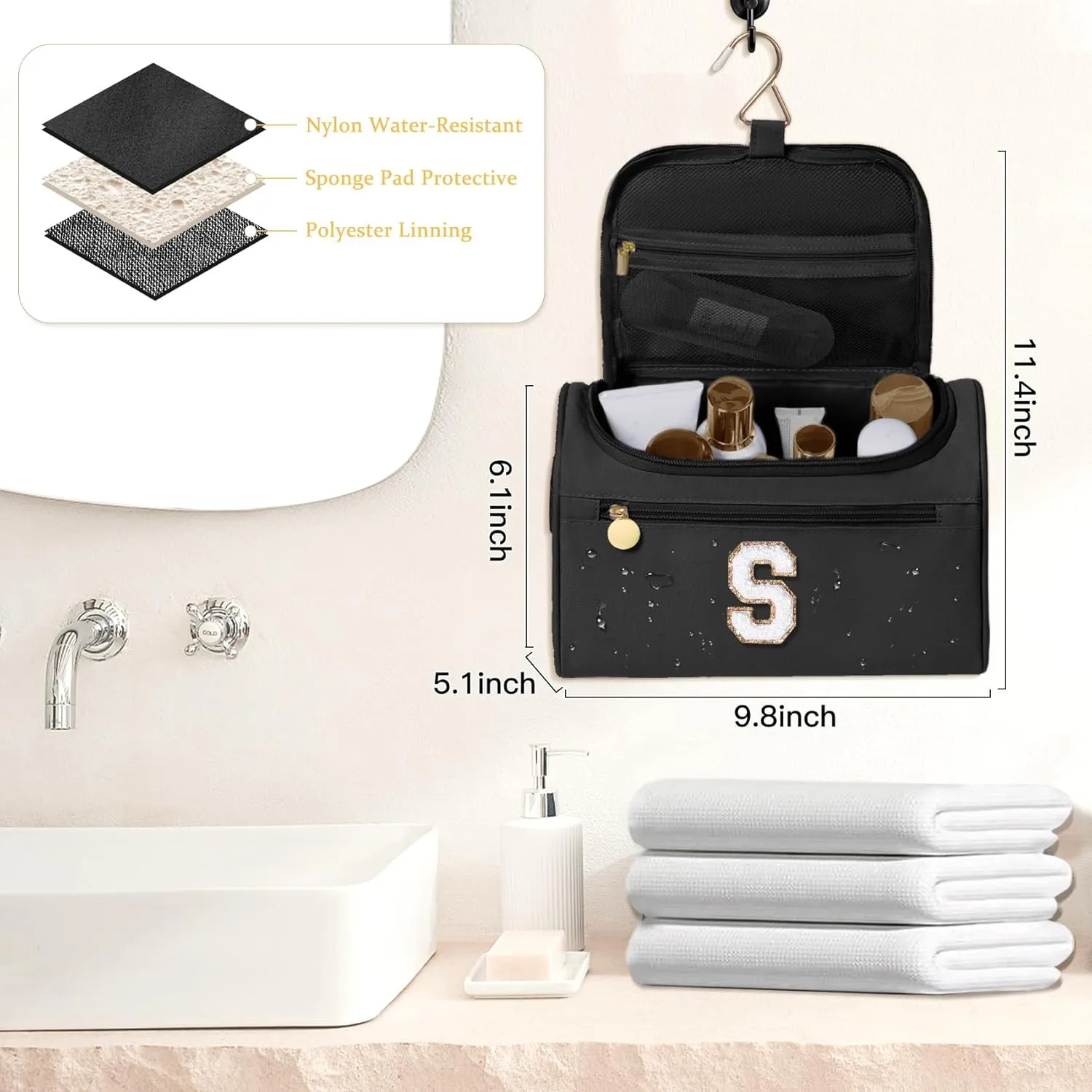 COSHAYSOO Useful Birthday Gifts for Women Best Friends Initial Hanging Toiletry Bag Waterproof Travel Makeup Cosmetic Pouch Airplane Cruise Ship Car Traveling Accessories Essentials Black Letter S
