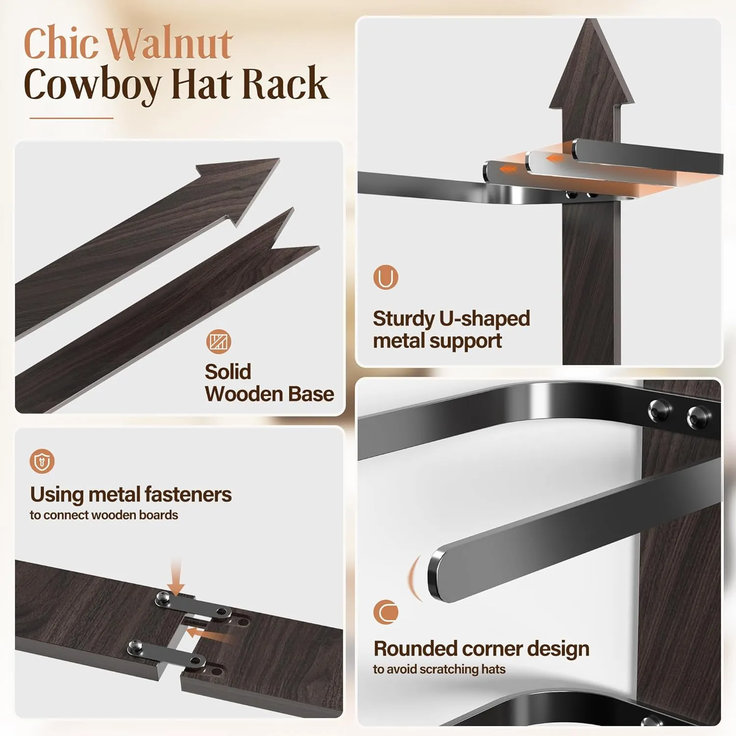 Cowboy Hat Rack for Wall, Cowboy Hat Holder Wall Mount Holds up to 4 Hats, Wooden Western Rustic Metal Hat Hanger with Arrow Sign Board, Hat Organizer for Western Hat, Fedora, Sun Hats (1 pack)